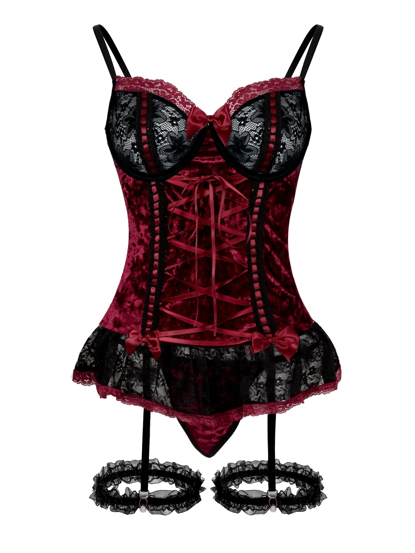 GXNRHG Corsé de Malla Sexy con Volantes y Encaje con Aros, Liguero Transparente, picardías, Conjunto de lencería con Tanga, 3 Piezas