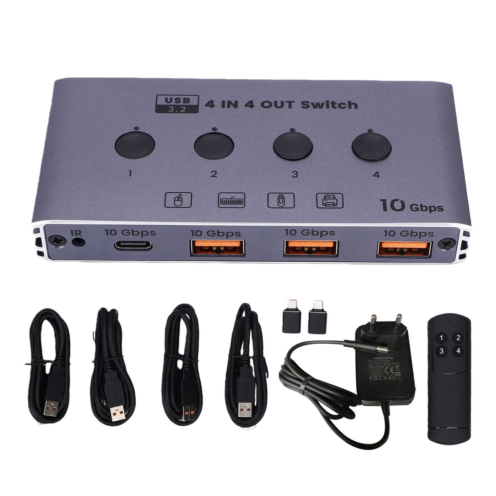 Fabater USB 3.2, 4 Komputery, 4 Urządzenia, 4Port Selektor Przełącznika USB, 10 Gb/s, Udostępnianie Danych Klawiatura Mysz Drukarka Skaner z Kablem i Pilotem (wtyczka UE)