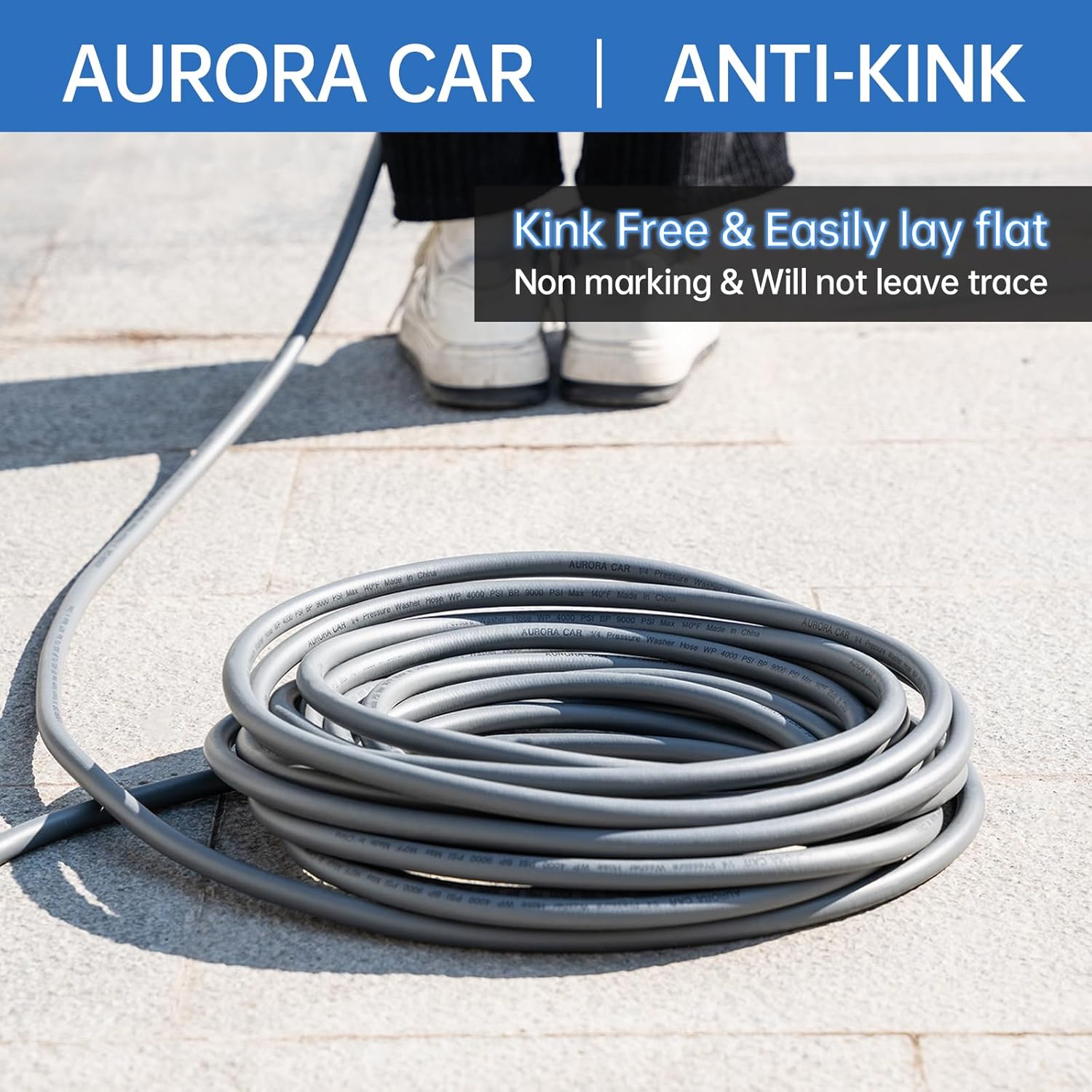 AURORA CAR Pressure Washer Hose 50FT 1/4", Kink Resistant Power Washer Hose Compatible with M22 Fittings, Replacement For Most Brand Pressure Washers, 4000 PSI, Grey