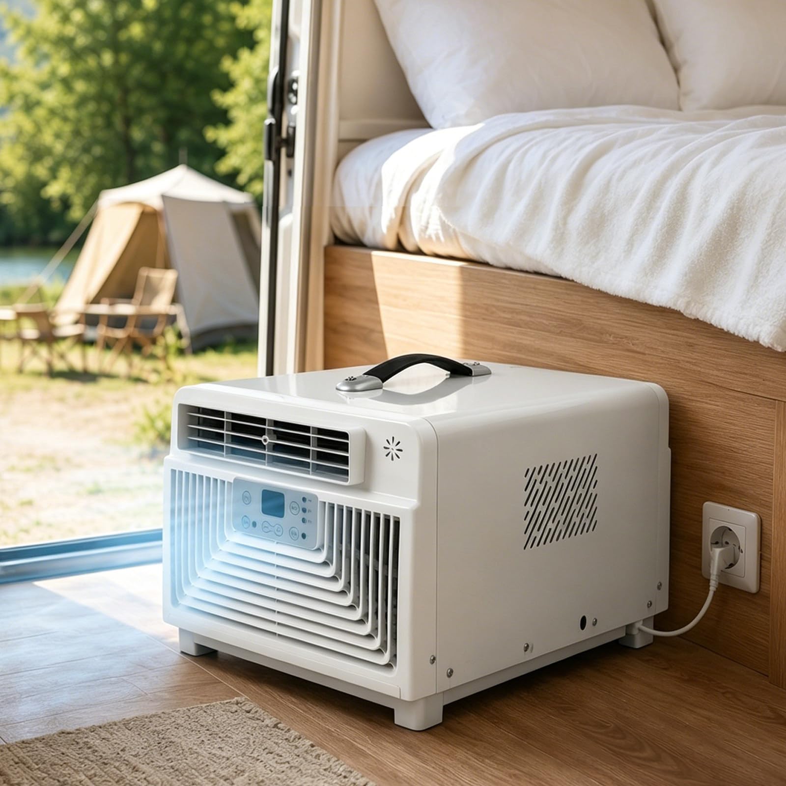 moupeaktain 220V Rv Air Conditioner, 3400 BTU Camping Air Conditioner, Compact Tent Ac Unit with Remote, 1-12h Timer, Sleep Mode, Portable Ac for Tent, Truck, Van, Small Spaces
