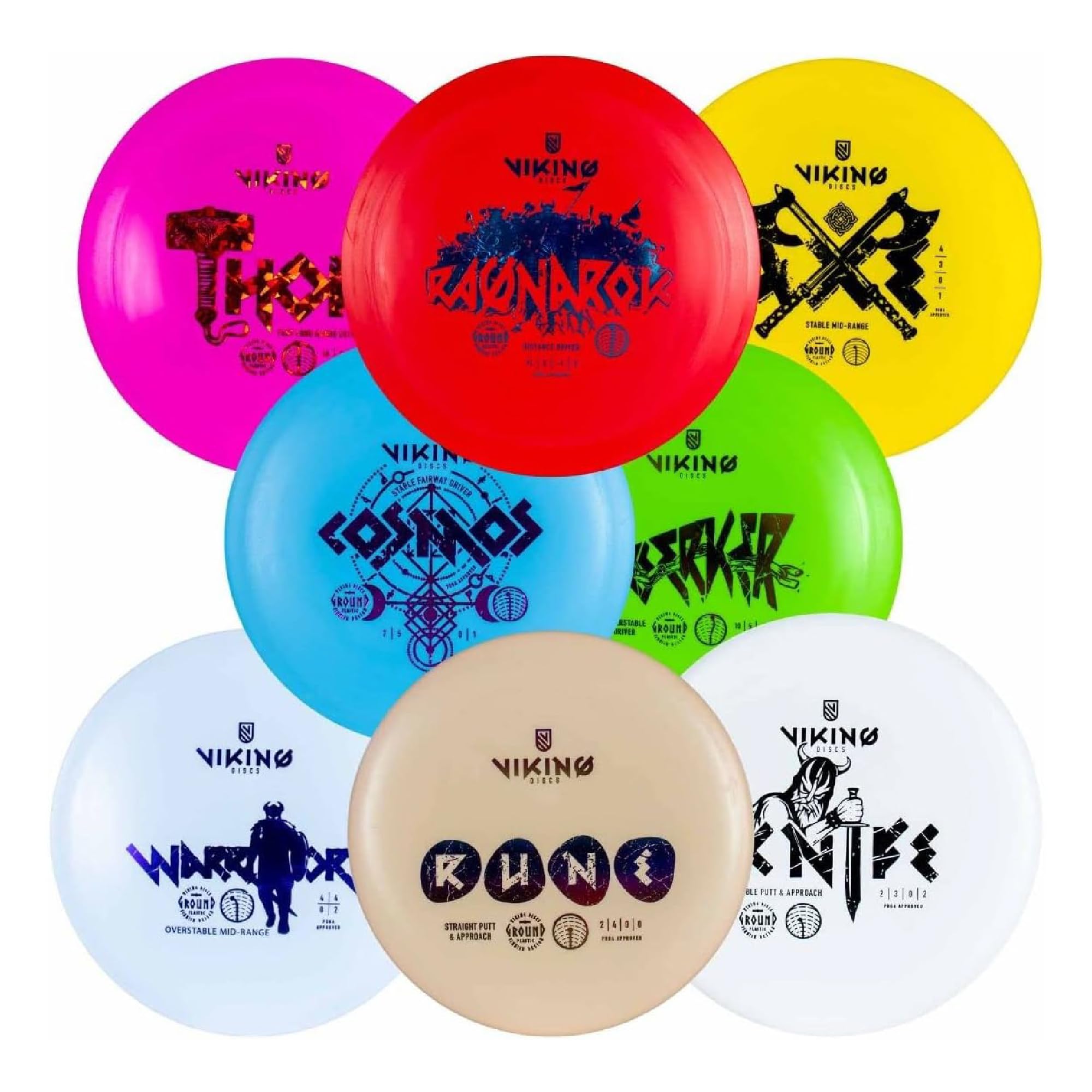 Viking Discs Ground Series – Disc Golf Set with 8 Discs for All Distances – PDGA Certified – Complete Gear for Adults Including Putter, Midrange, Fairway, and Distance Driver