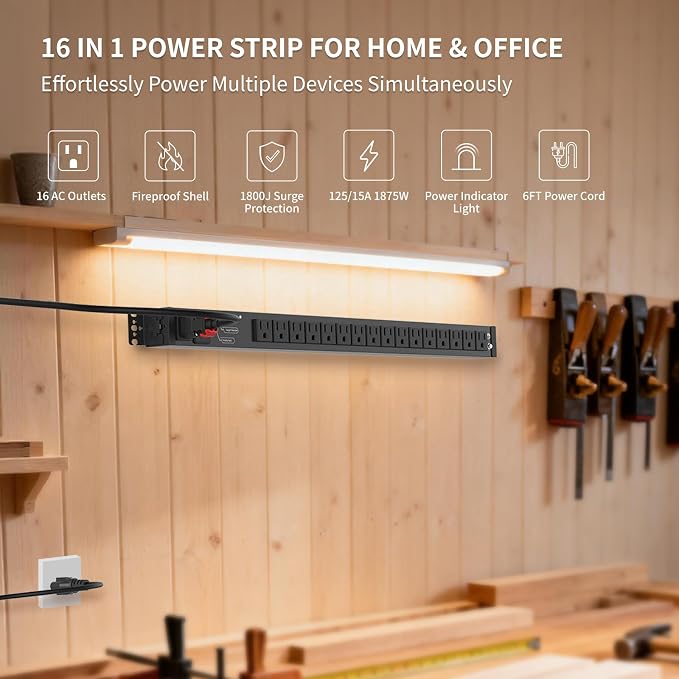 Extensión Apislogik con 16 tomas, protector contra sobretensiones 1800J, cable de 1.83 m, 15A/1875W, montaje en pared o rack miniatura 3