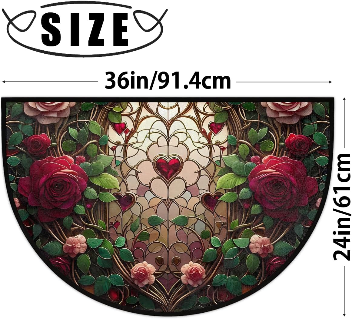 Half Round Door Mat Rose Valentine's Day Love Non Slip Washable Semi Circle Area Rug Absorbent Soft Half Moon Rug Floor Mat for Indoor Outdoor Kitchen Bathroom Patio Front Door Mat Decor