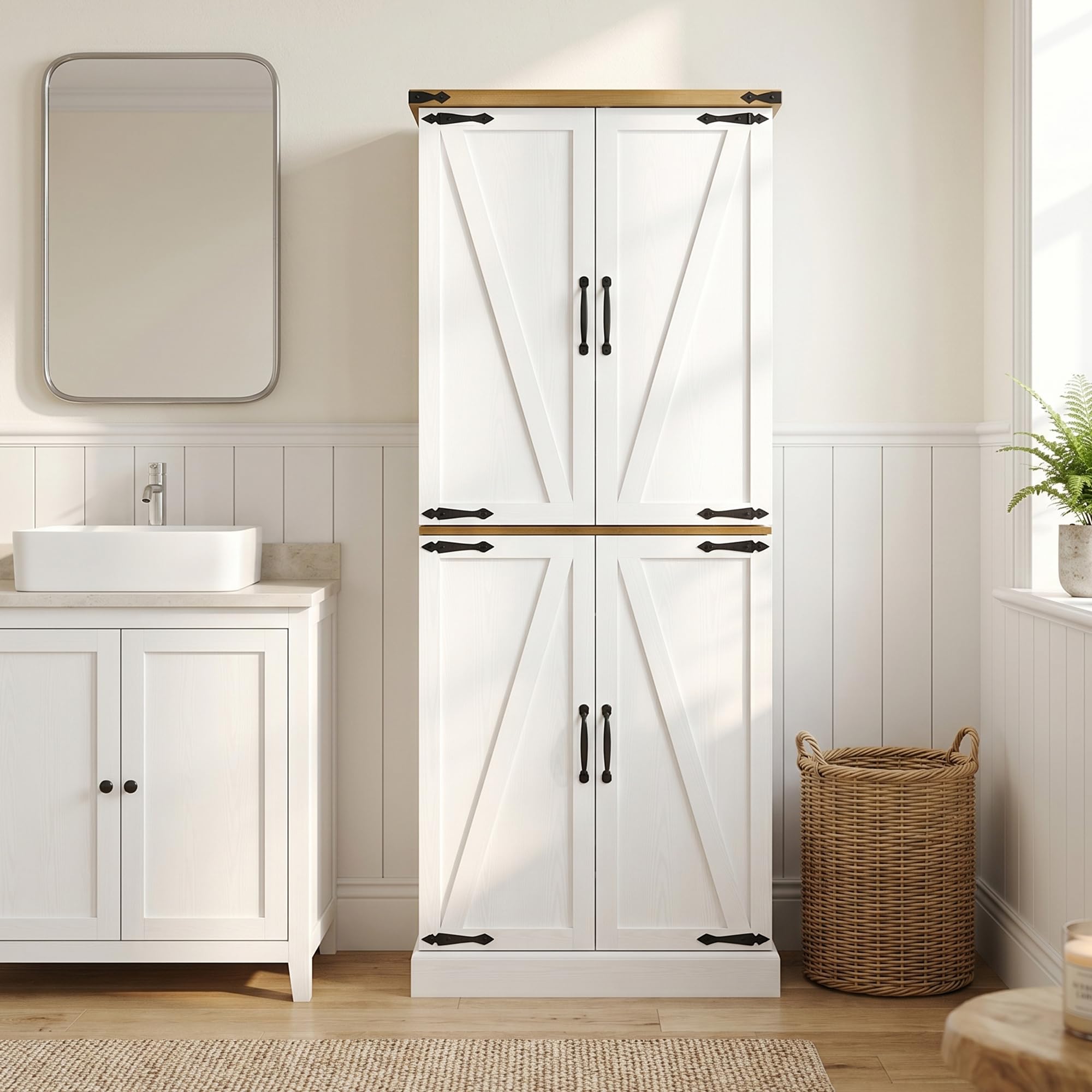 HOMCOM Buffet Haut Cuisine Armoire de Cuisine 4 Portes 76x40x182cm Blanc | Vaisselier, 3 Tiroirs, 8 Porte-Racks, Étagères Réglables, Style Rustique, Meuble de Rangement Salon, Salle à Manger