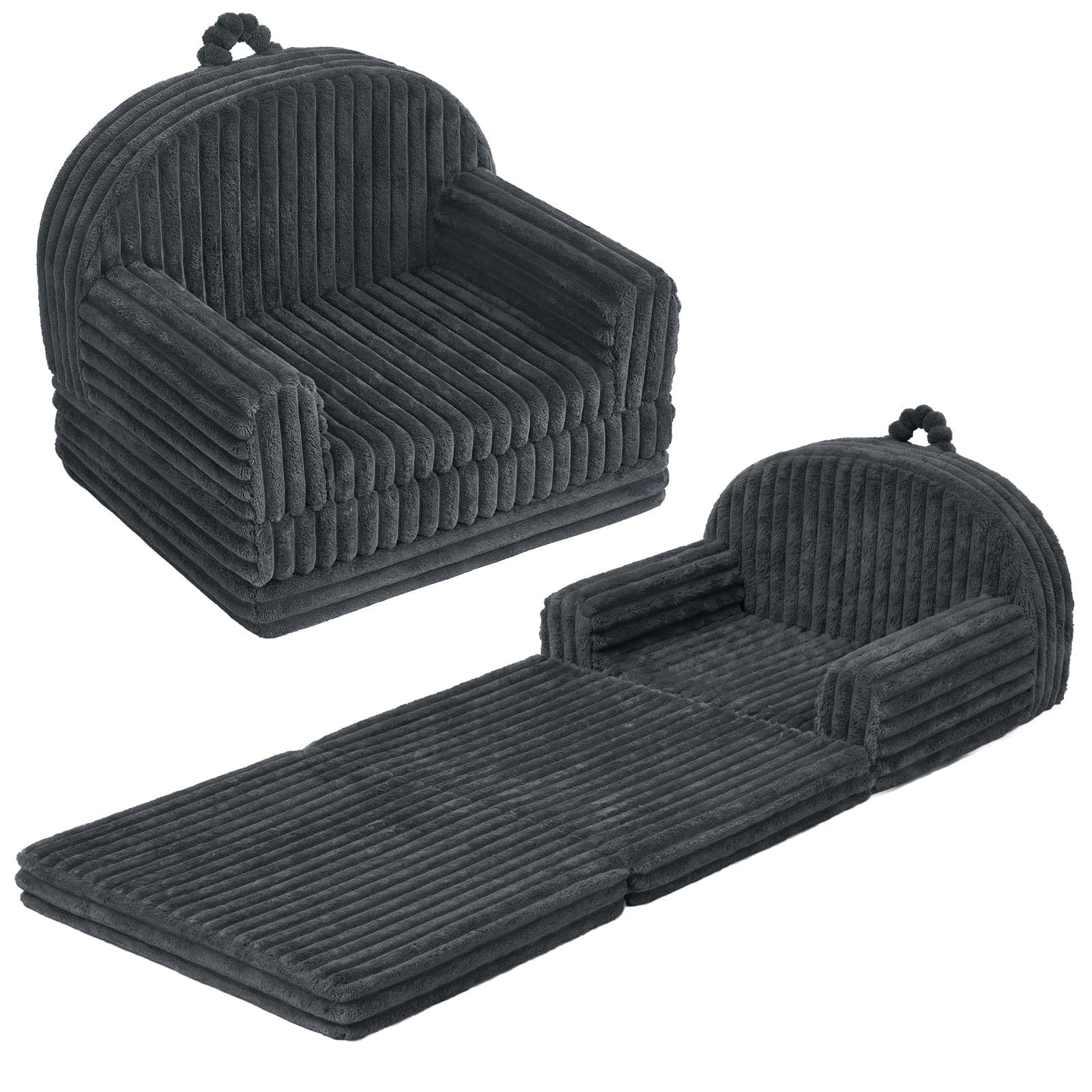 Blissful Diary Foldable Kids Couch, 2-in-1 Kids Sofa Chair, Dark Gray