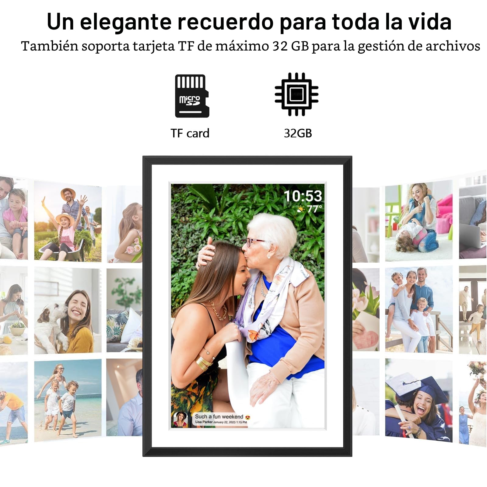 Marco de Fotos Digital WiFi de 10,1 Pulgadas, 1280 x 800 IPS LCD, Pantalla táctil LCD, Memoria integrada de 32 GB de Memoria automática, comparte Momentos al Instante a través de la aplicación Frameo