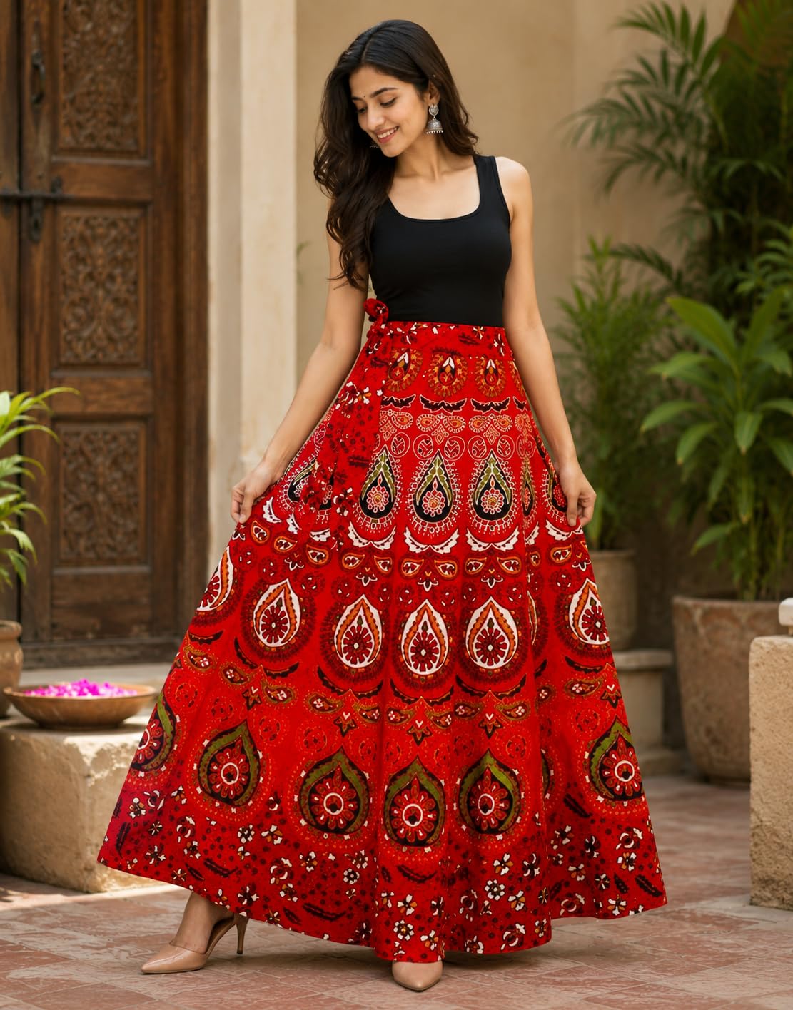 Jaipuri Print Cotton Wrap Skirt for Women | Ethnic Block Print | Adjustable Free Size | Lightweight, Boho Style, Casual-image-35
