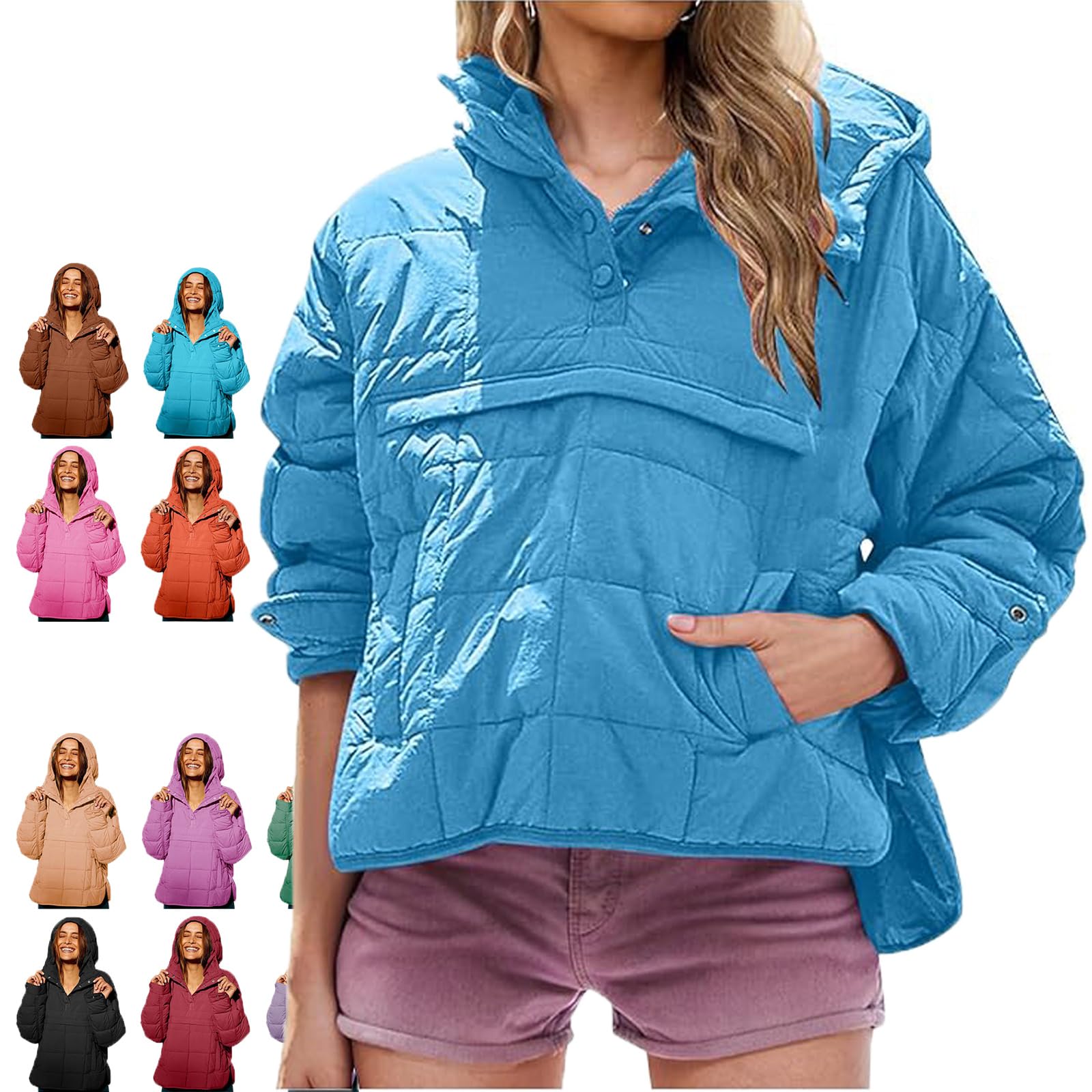 Generisch Damska kurtka oversize, pikowana, z kieszeniami, lekka, niebieski (Sky Blue), XL