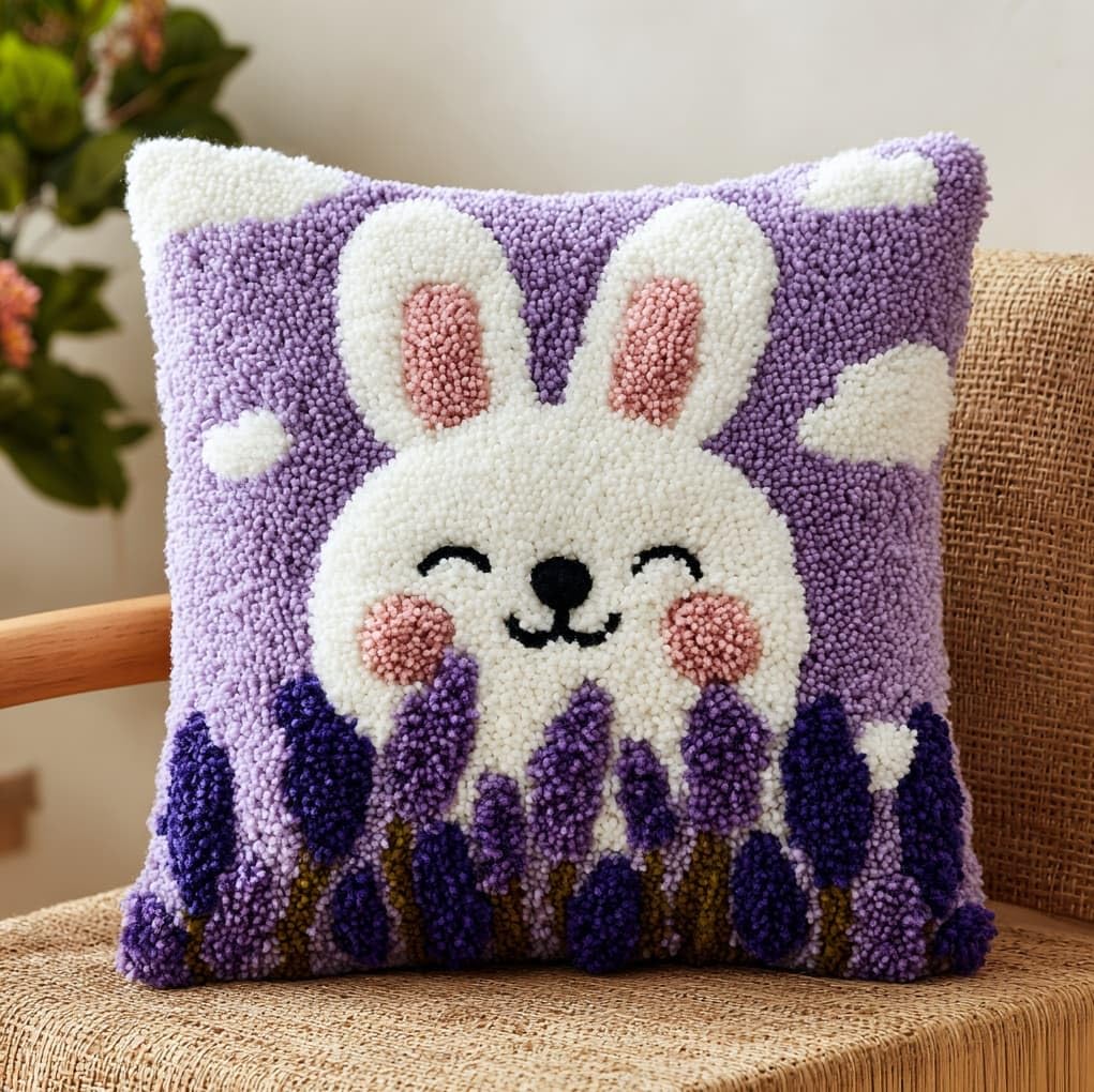WallustrioaW Latch Hook Kits Pillowcase Embroidery Kit,Lavender and Rabbit,Latch Hook Cushion Cover for Adults and Beginners,Pillow Cover Sofa Cushion Craft,43x43cm