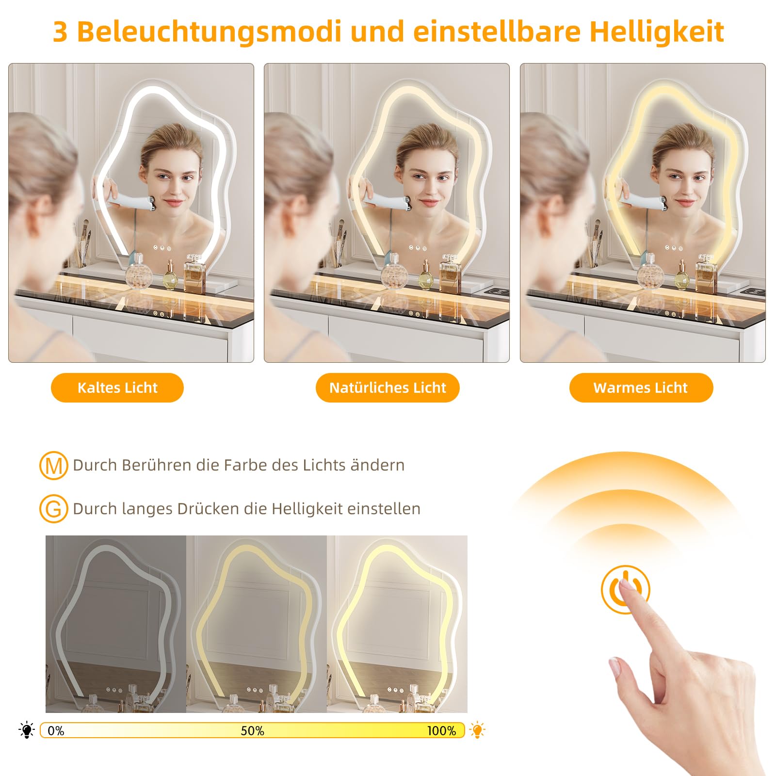 BROTTAR Schminktisch mit Verstellbaren LED-Beleuchtung, Dressing Table mit Spiegel, Vanity Desk mit 5 Schubladen, Ecke Vanity, L-Form ändern, Eckschminktisch mit Glasplatte, Weiß