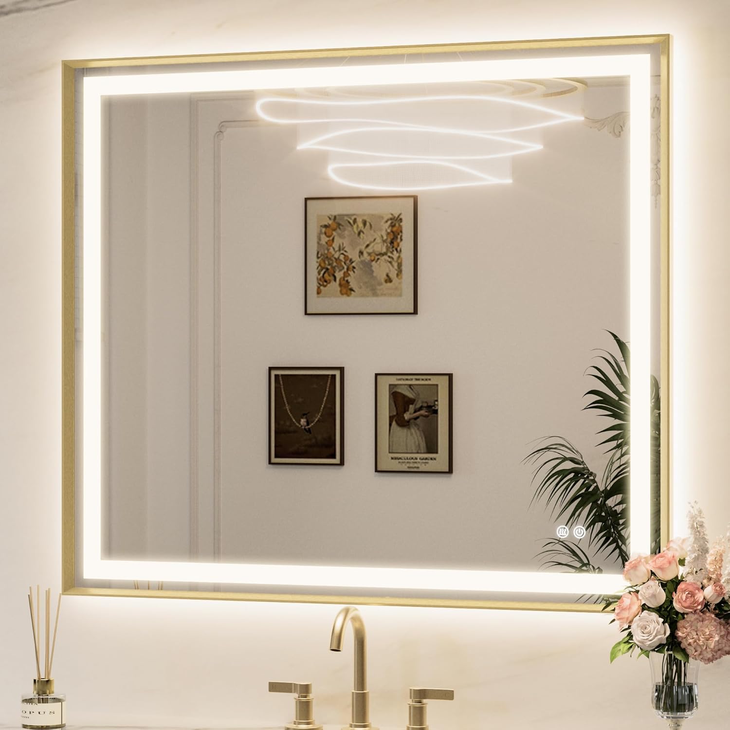 Keonjinn 42 x 36 Inch Gold LED Mirror for Bathroom, Frontlit & Backlit Bathroom Vanity Mirror with Lights, HD Tempered Glass, Beveled Framed, 3 Color Temperature, Anti-fog, Dimmable, Plug-in/Hardwired Brushed Gold 36"L x 42"W