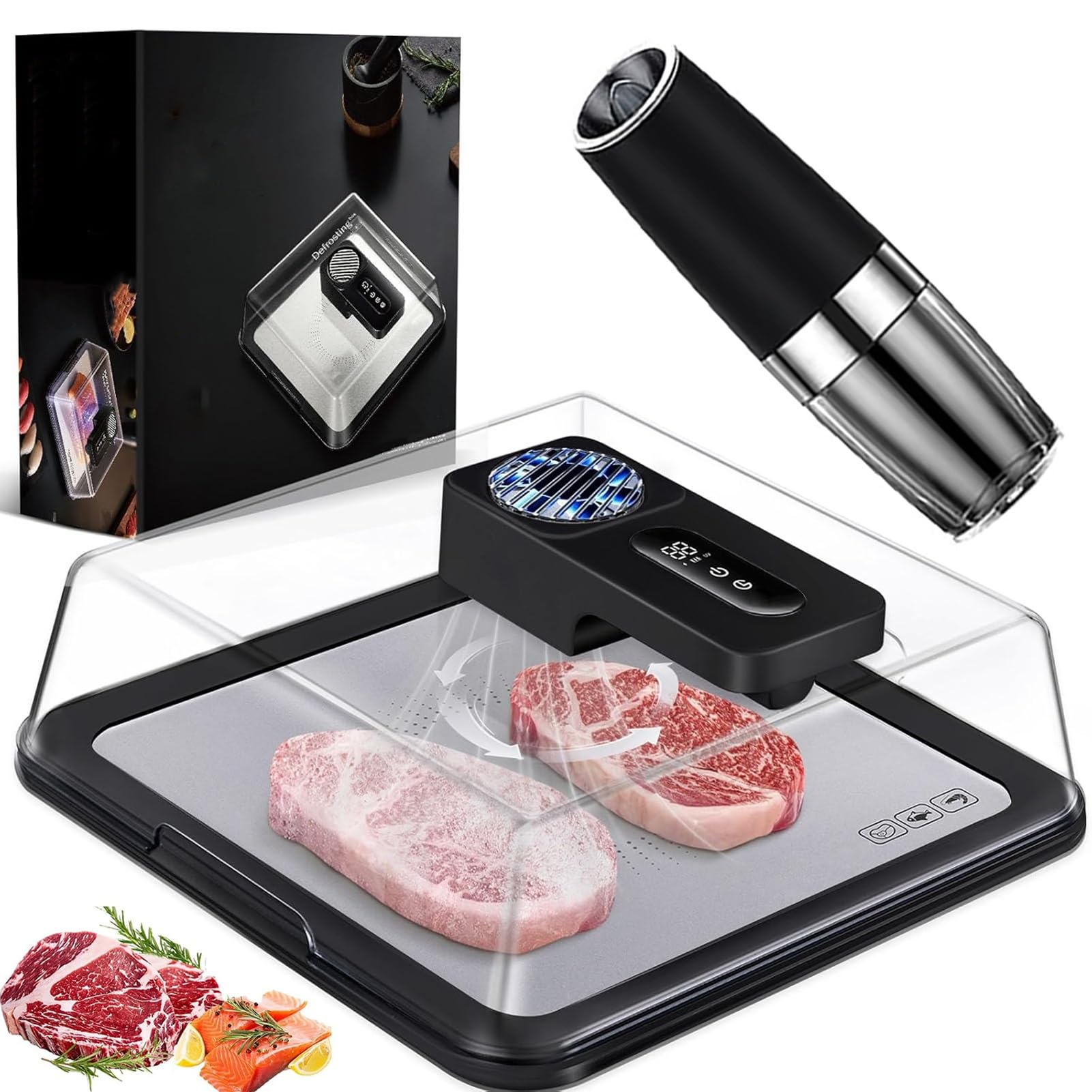 Vassoio automatico per scongelare carne congelata, scongelamento elettrico, scongelare rapidamente la carne con tecnologia del flusso d'aria e coperchio visivo, facile da usare in cucina