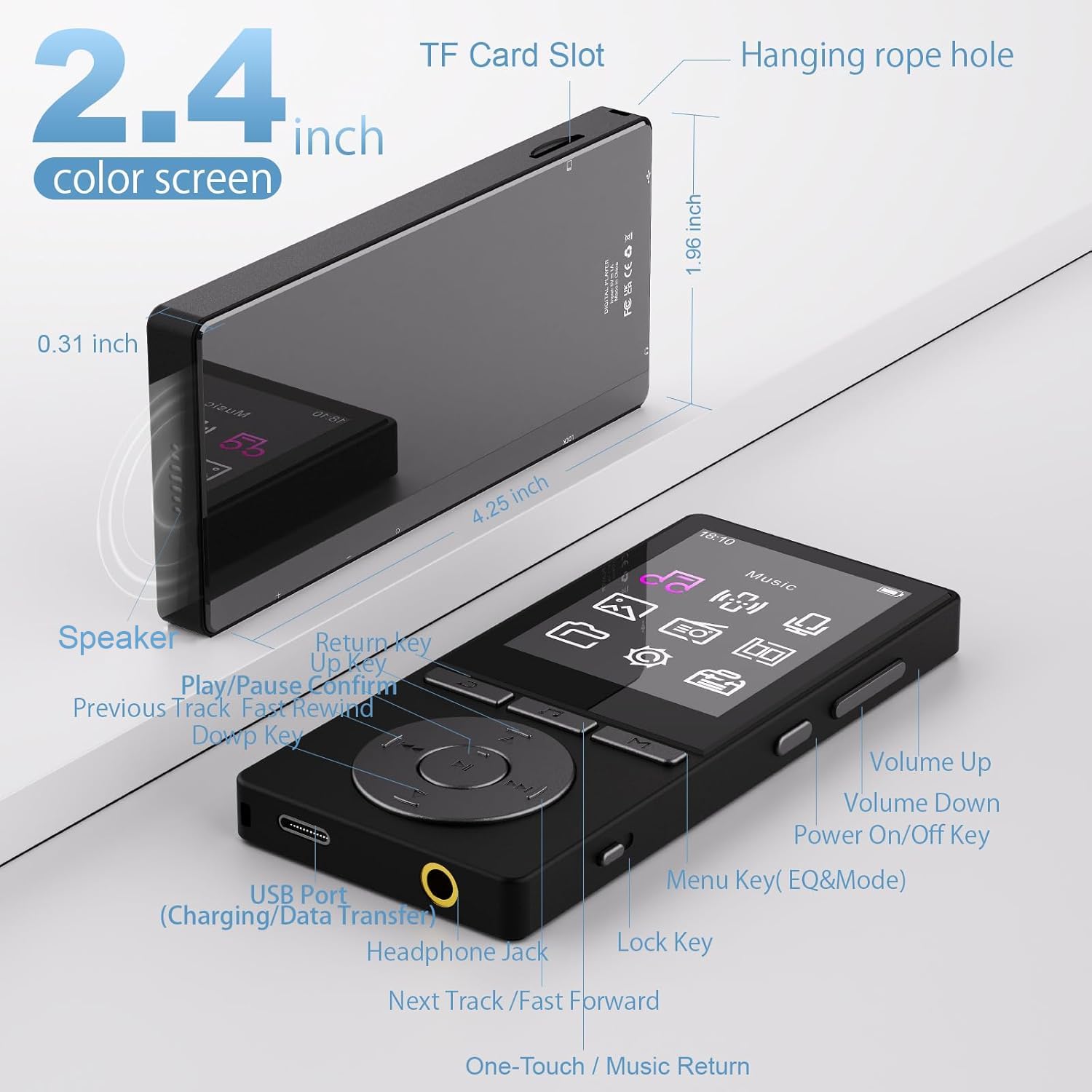 Lettore MP3 da 64 GB con Bluetooth 5.3, lettore musicale HiFi, auricolari inclusi, scheda TF inseribile, nero