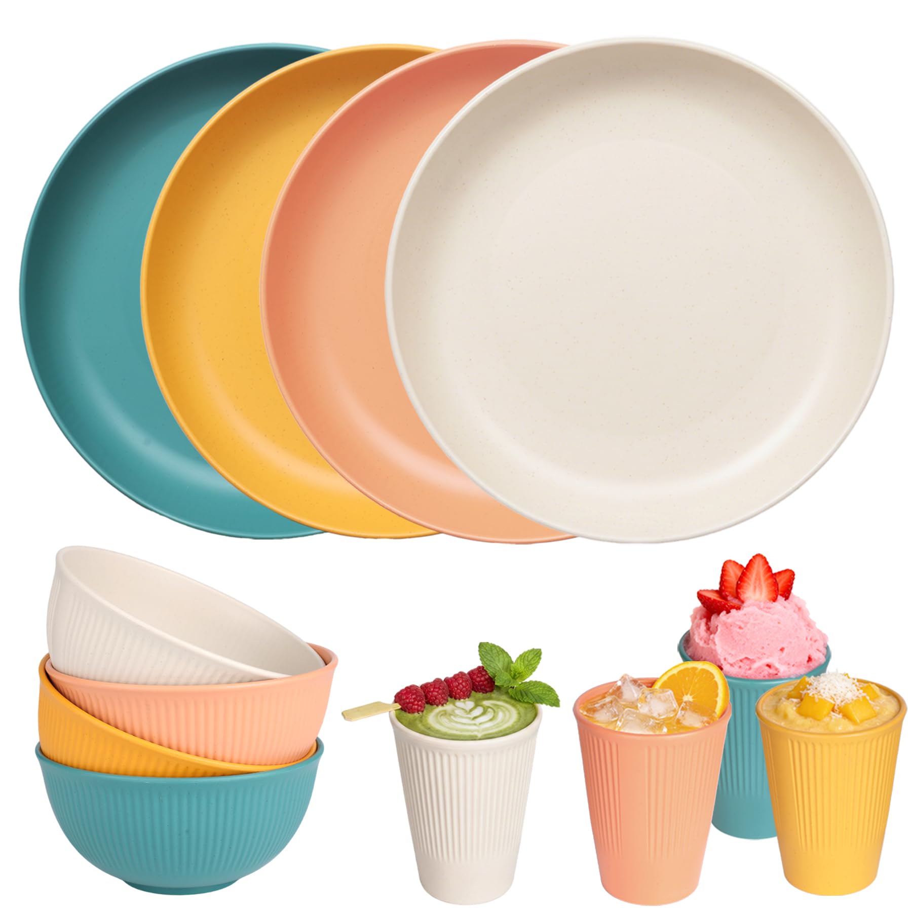 12Pcs Plastic Plates and Bowls Sets - Unbreakable Camping Dinner Set of 4,Colorful Reusable Camping Dinner Set,Lightweight Plate and Cutlery Set