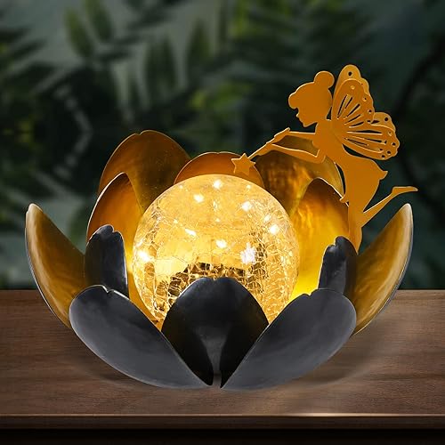 Afirst Luces solares para exteriores, lámpara solar de loto de hadas para decoración de jardín, metal agrietado, cristal, decorativo, impermeable,
