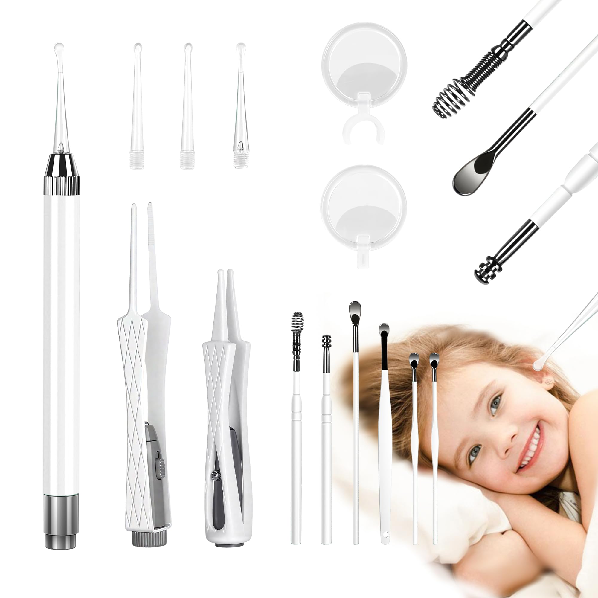 Photo 1 of 15 Pack Ear Wax Removal Tool Kit with Light - LED Ear Cleaning Kit, Ear Wax Removal for Kids and Adults, Ear Cleaning Tool, Ear Picker Spoon & Ear Tweezers & Spiral Spring Ear Spoon White