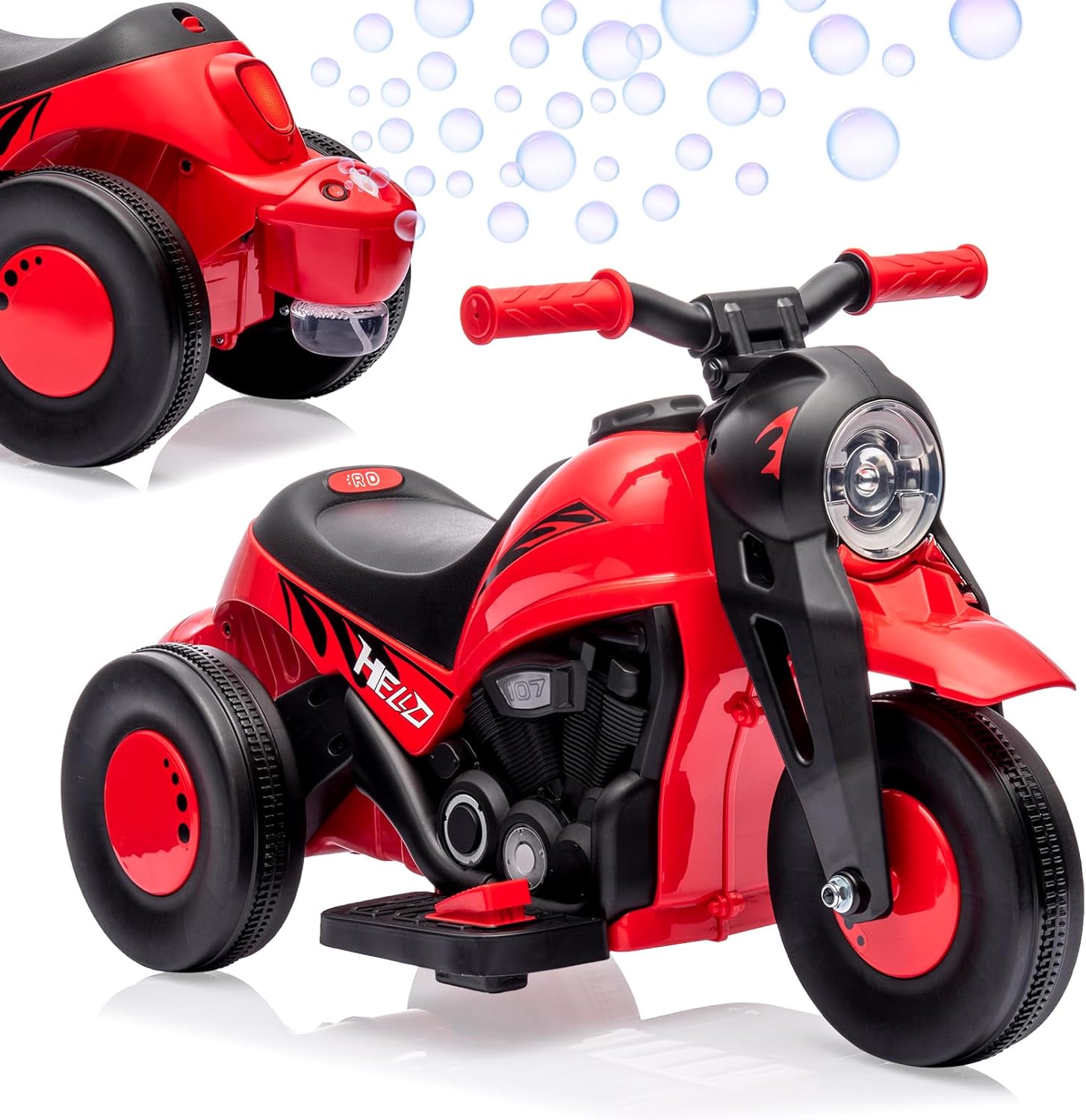 6V Bubble Motorcycle Ride on Toy Car for Kids, Kids Motorcycle with Bubble Function w/Music, LED Headlights, Forward/Reserve, Pedal, 3 Wheels Ride on Motorbike for Kids 3-8, Red