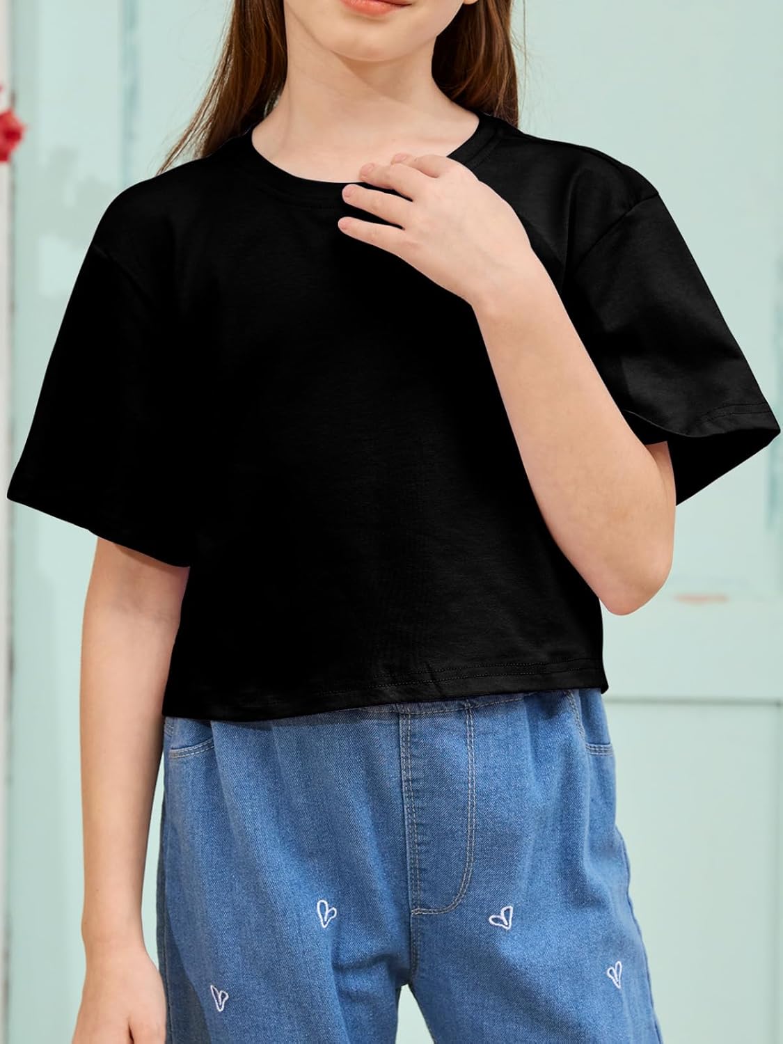 Girls Summer Crop Tops Kids Fashion Oversized Crew Neck Cropped Short Sleeve T Shirts Basic Tees Size 5-14 Years - Image 5