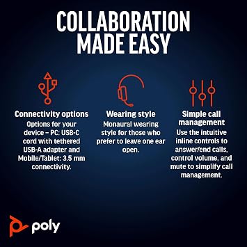 Plantronics Poly Blackwire 5220 Stereo USB-C Headset + 3.5mm Plug + USB-C/A Adapter