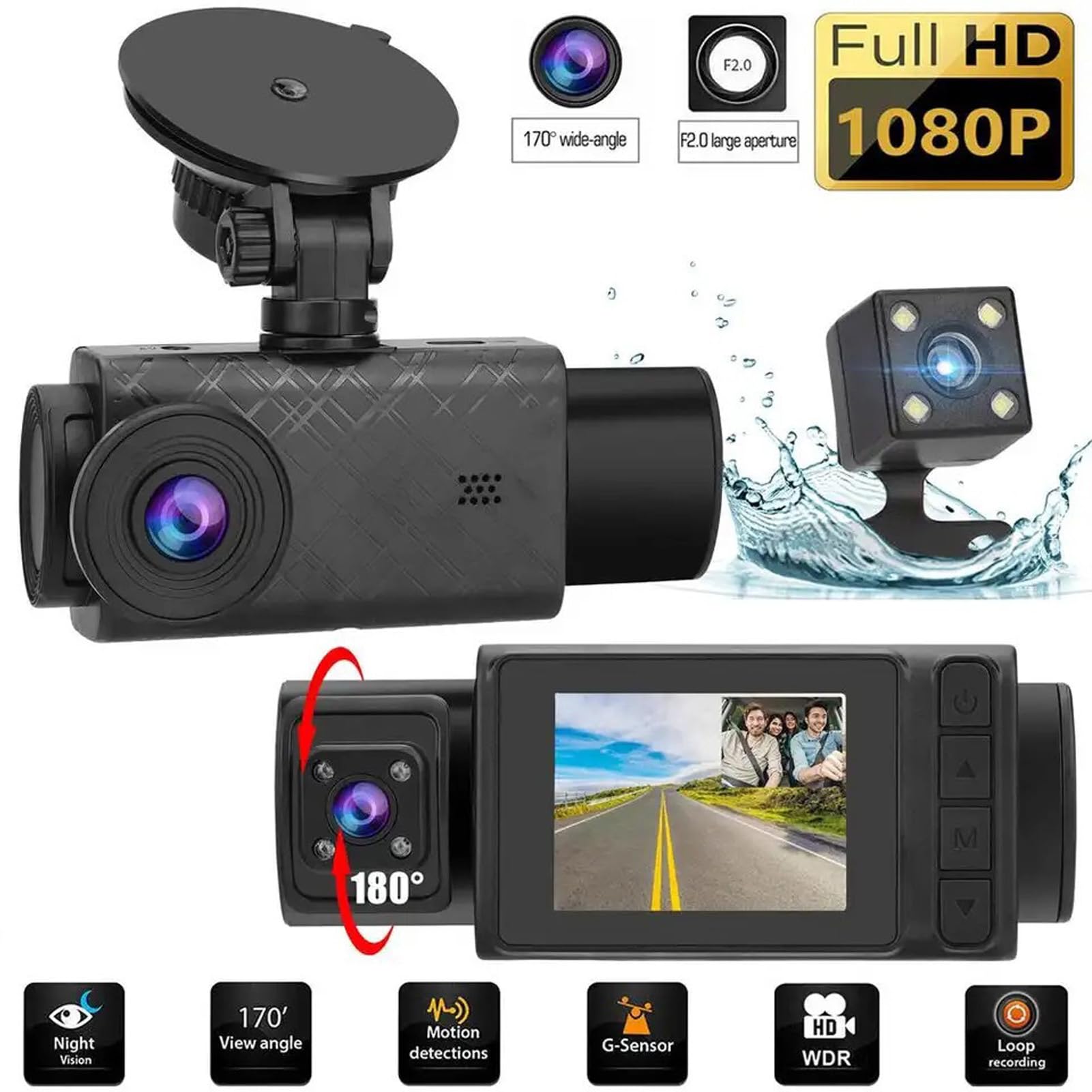 3 kanaals Dashcam voor en Achter Binnen, 1080P Dashcamera voor Auto's, Infrarood Nachtzicht, Lusopname 2 Inch Scherm 24 Uur Parkeermodus, Ondersteuning voor Bewegingsdetectie