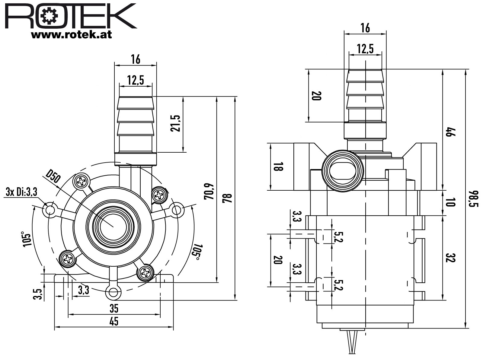 ROTEK Lebensmittelechte Mini-Kreiselpumpe mit bürstenlosem Gleichstrommotor, Gehäuse:A01VP, 12VDC, 4,5l/min oder 3,1mWs ROTEK Lebensmittelechte Mini-Kreiselpumpe mit bürstenlosem Gleichstrommotor, Gehäuse:A01VP, 12VDC, 4,5l/min oder 3,1mWs