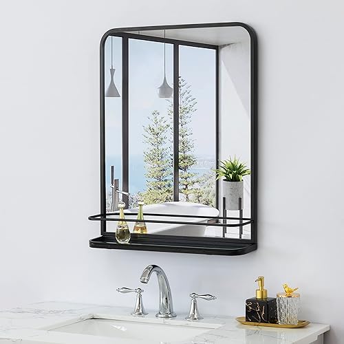 HMANGE Espejo de baño de granja negro mate con estante, espejo de tocador moderno para pared, espejo rectangular de metal enmarcado redondeado para