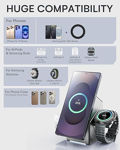 Miniatura 5 de ZEEHOO Estación de carga 3 en 1 para Samsung, certificado Qi2, carga rápida de 15 W, soporte de cargador inalámbrico giratorio compatible con