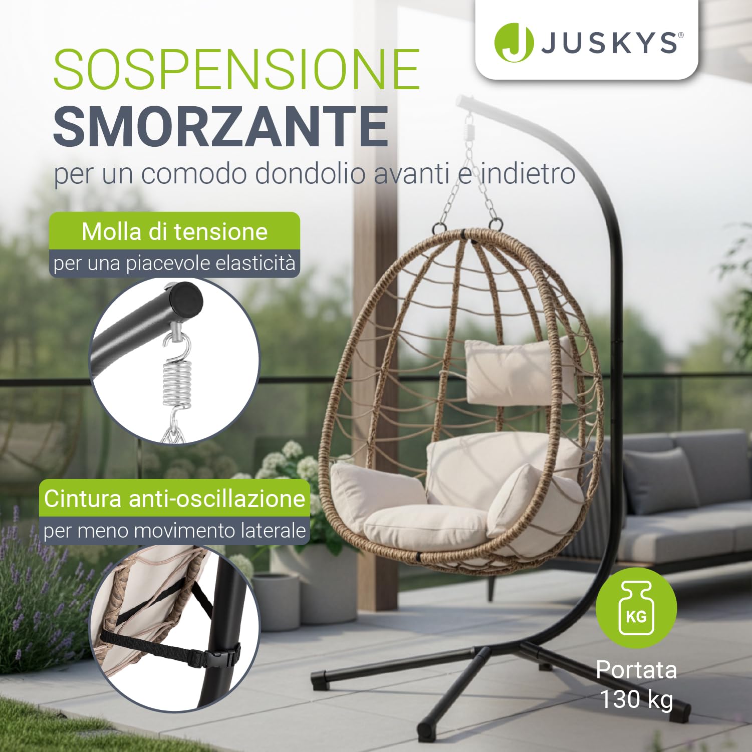 Juskys Sedia sospesa Lani con cuscini - regolabile in altezza e pieghevole - polyrattan dondolo sospeso per esterni e interni - Poltrona a uovo sospesa Beige fino a 130 kg