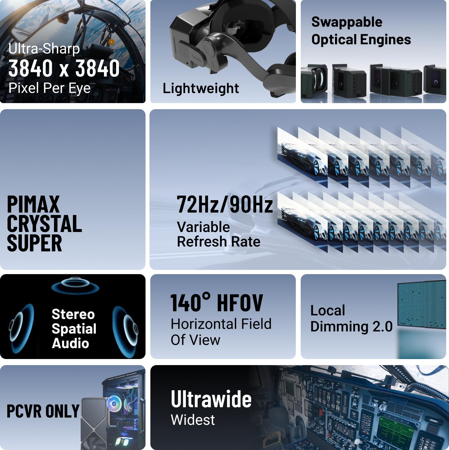 Pimax Crystal Super VR-Headset, versione a pagamento completo - 3840x3840 per occhio, ultrawide, campo visivo di 140°, tracciamento oculare, ultra nitido per simulazioni di volo e corse e gaming