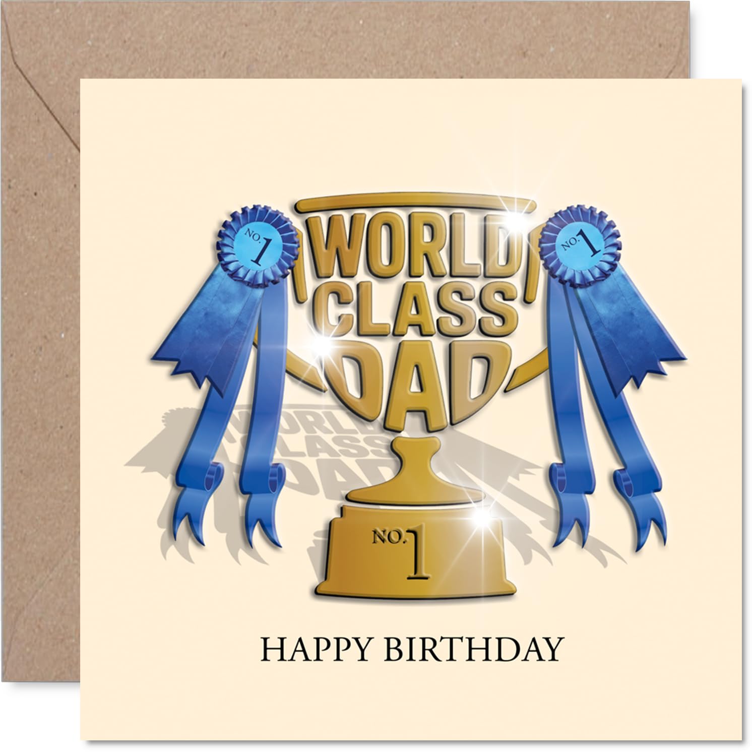 Proud Birthday Card - Top of the Pops Vibes - Trophy and Blue Ribbon Design for a World Class Dad - Bursting with Birthday Cheer - 145mm Square, Envelope Included