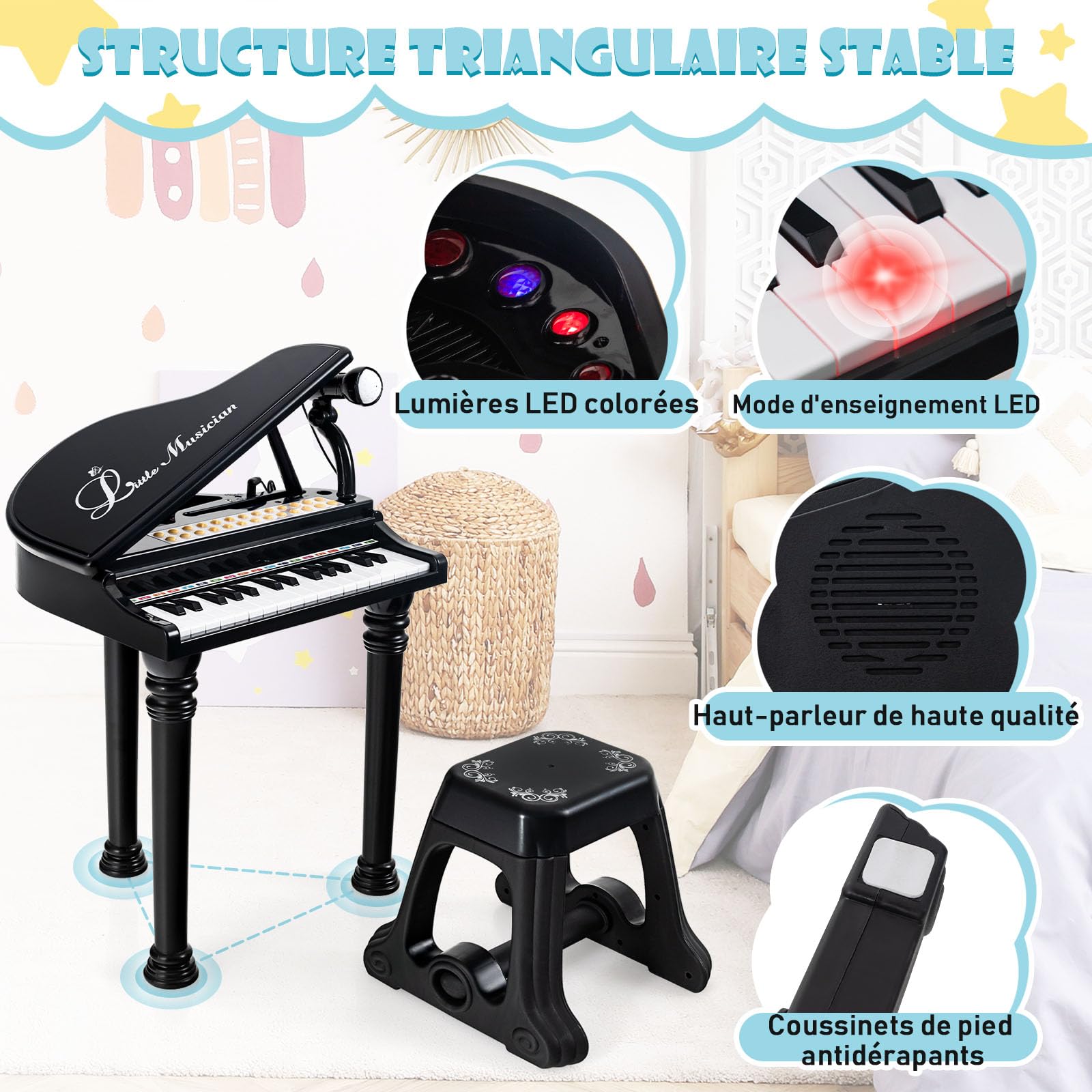 DREAMADE Clavier 31 Touches, Jouet Piano pour Enfants avec Tabouret, Instrument de Musique Mini Piano à Queue avec Microphone, Enseignement Guidé par La Lumière (Noir 31 Touches) - 4