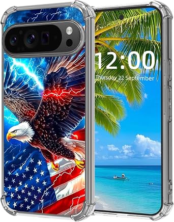 for Google Pixel 9/ Pixel 9 Pro Case, American Flag Eagle High-Definition Painted Back Cover with Soft Transparent TPU Bumper, Shockproof Protective for Pixel 9/9 Pro Phone Case