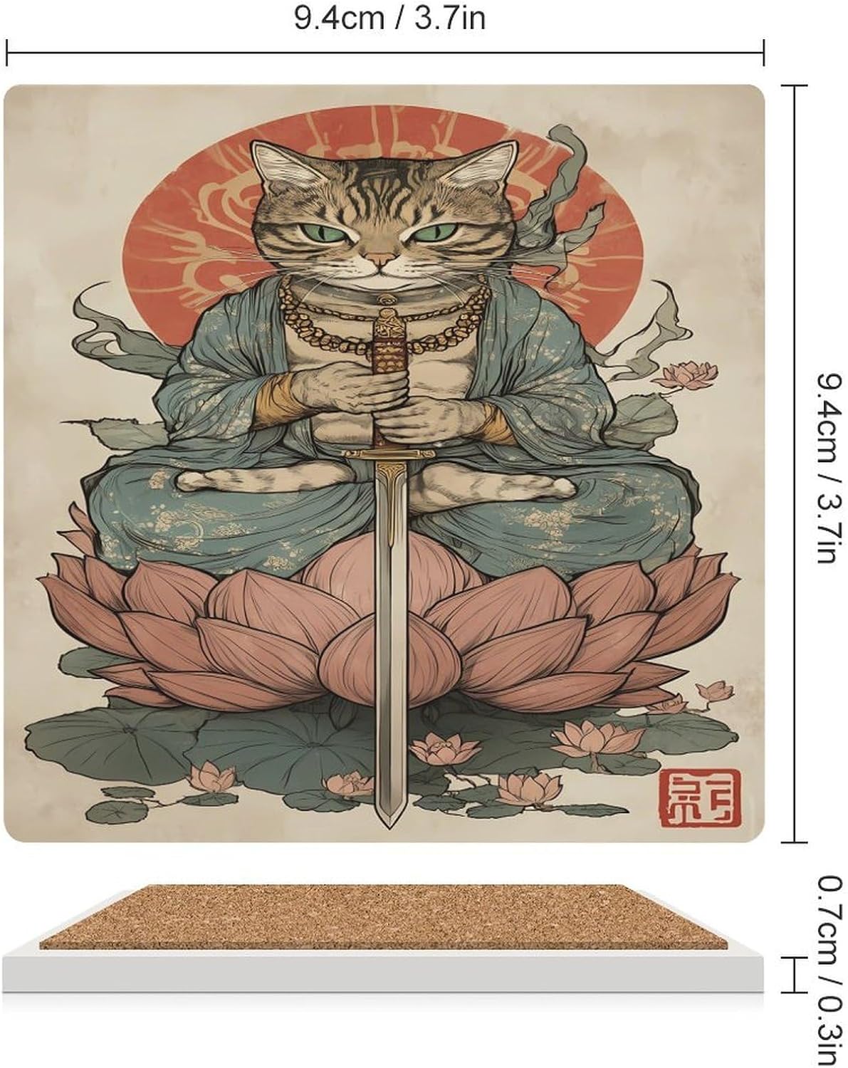 Vintage Japanese Samuraiscat Ceramic Coasters Square Drinks Coaster Coffee Table Decor Table Coaster for Home Bar