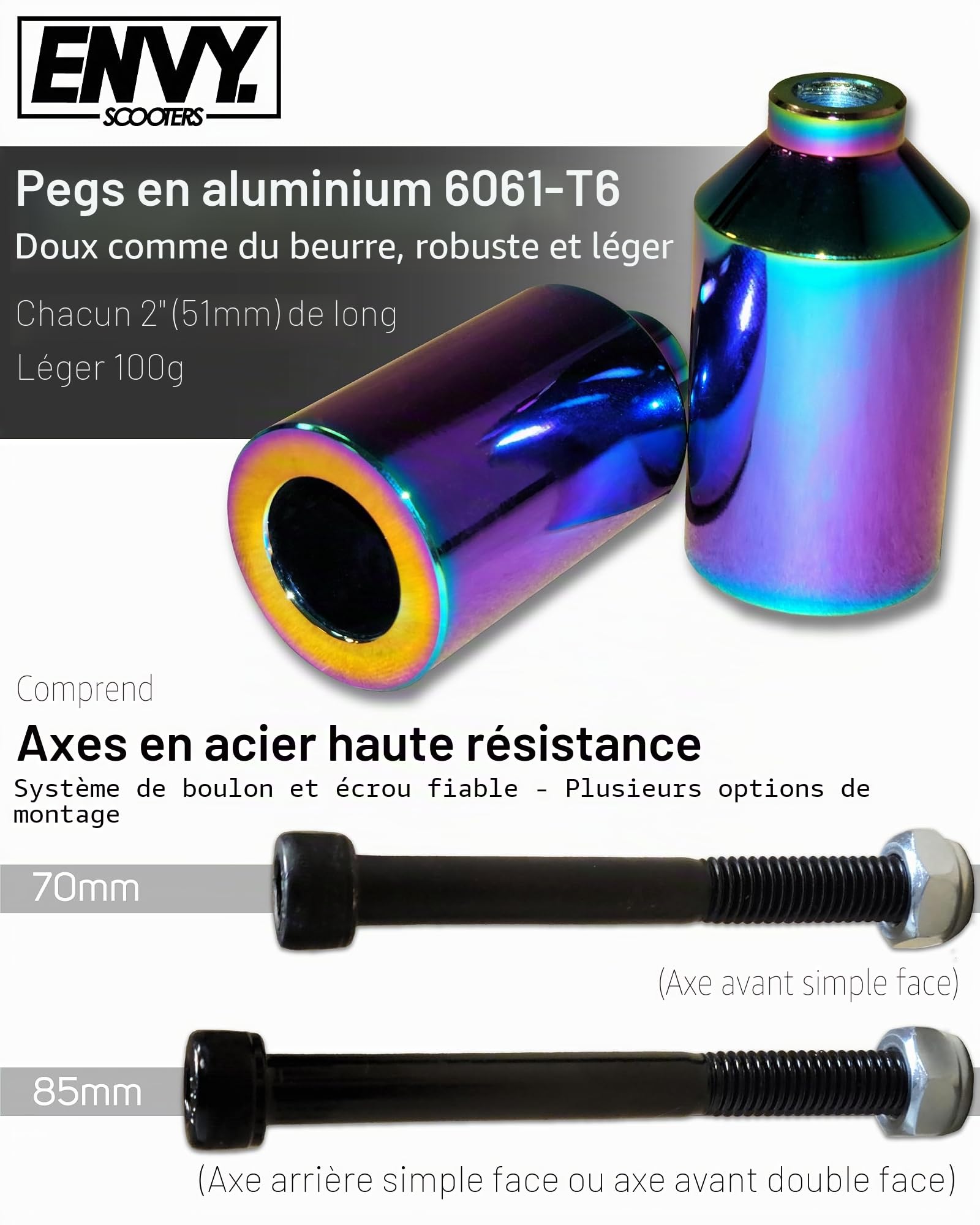 Blunt Chevilles de trottinette en aluminium Rainbow Neochrome avec axes