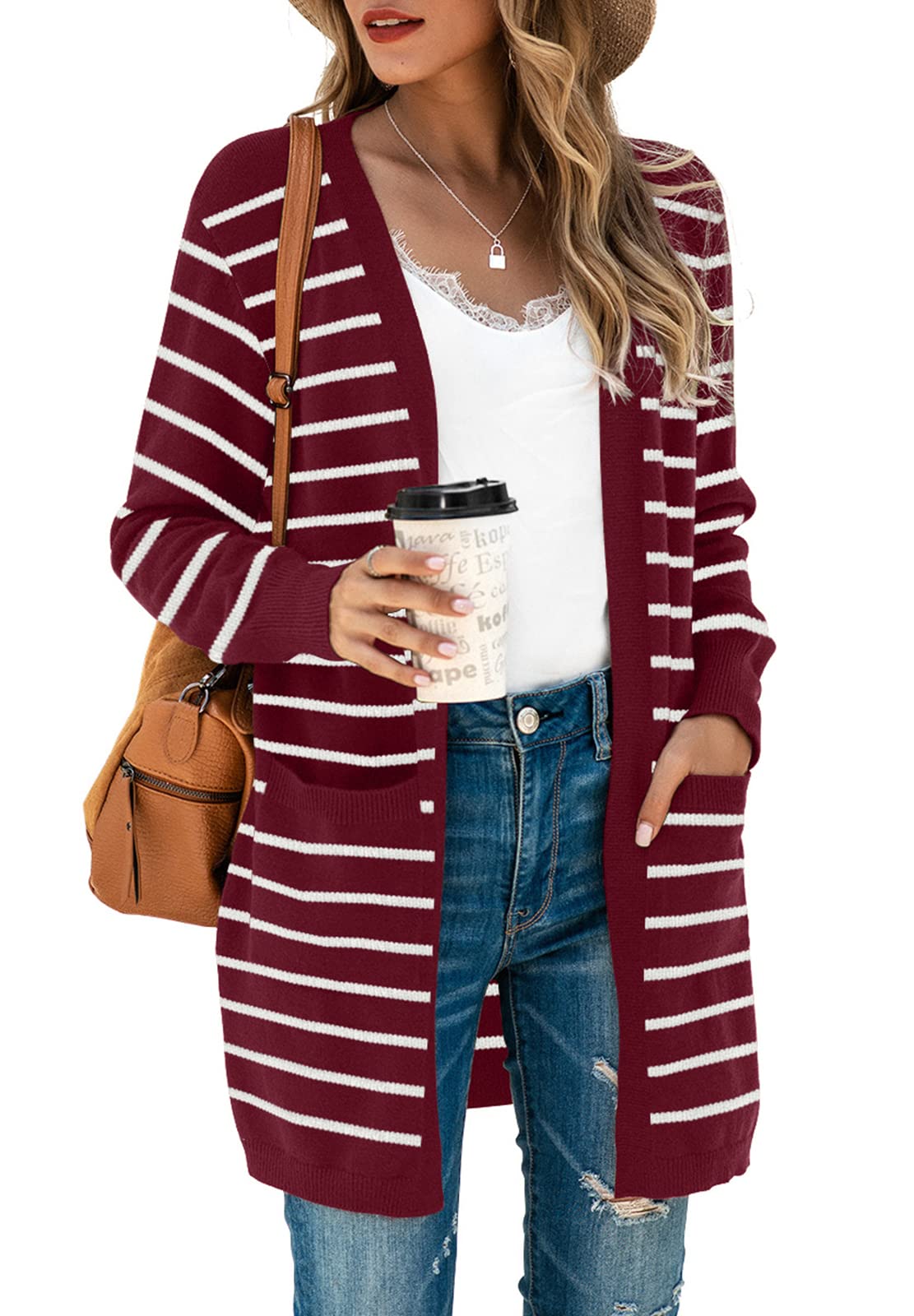 TASAMO Women's Kimono Cardigan Long Sleeve Open Front Casual Knit Sweaters Coat Oversized Soft Outwear with Pockets