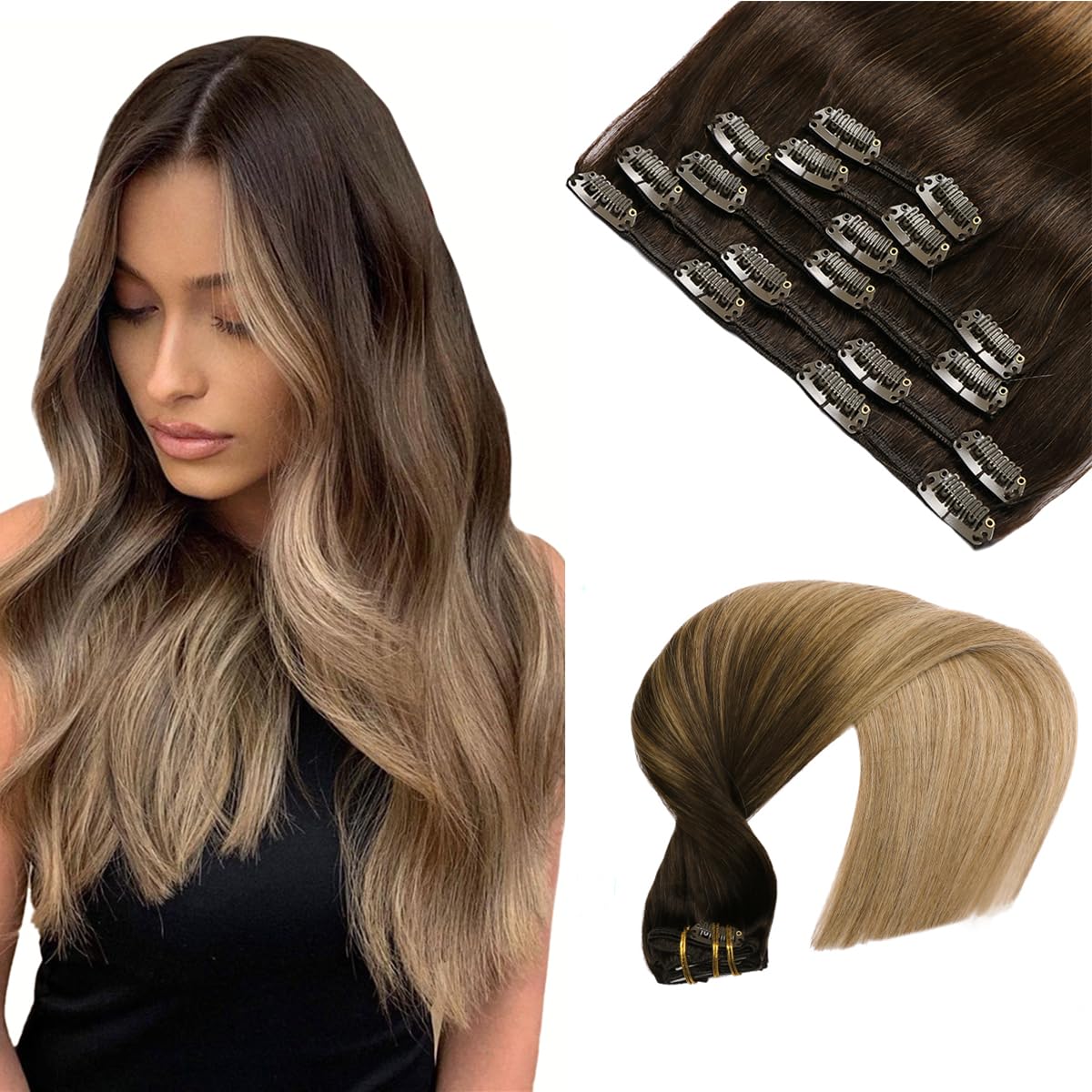 VINBAO Extension Clip Capelli Veri, Naturali Da Castano Più Scuro a Biondo Sporco Extension Capelli Veri Clip, 50cm Remy Umani Naturali Capelli Extension con Clip 120g 6pcs (#C2/6/18, 20'')