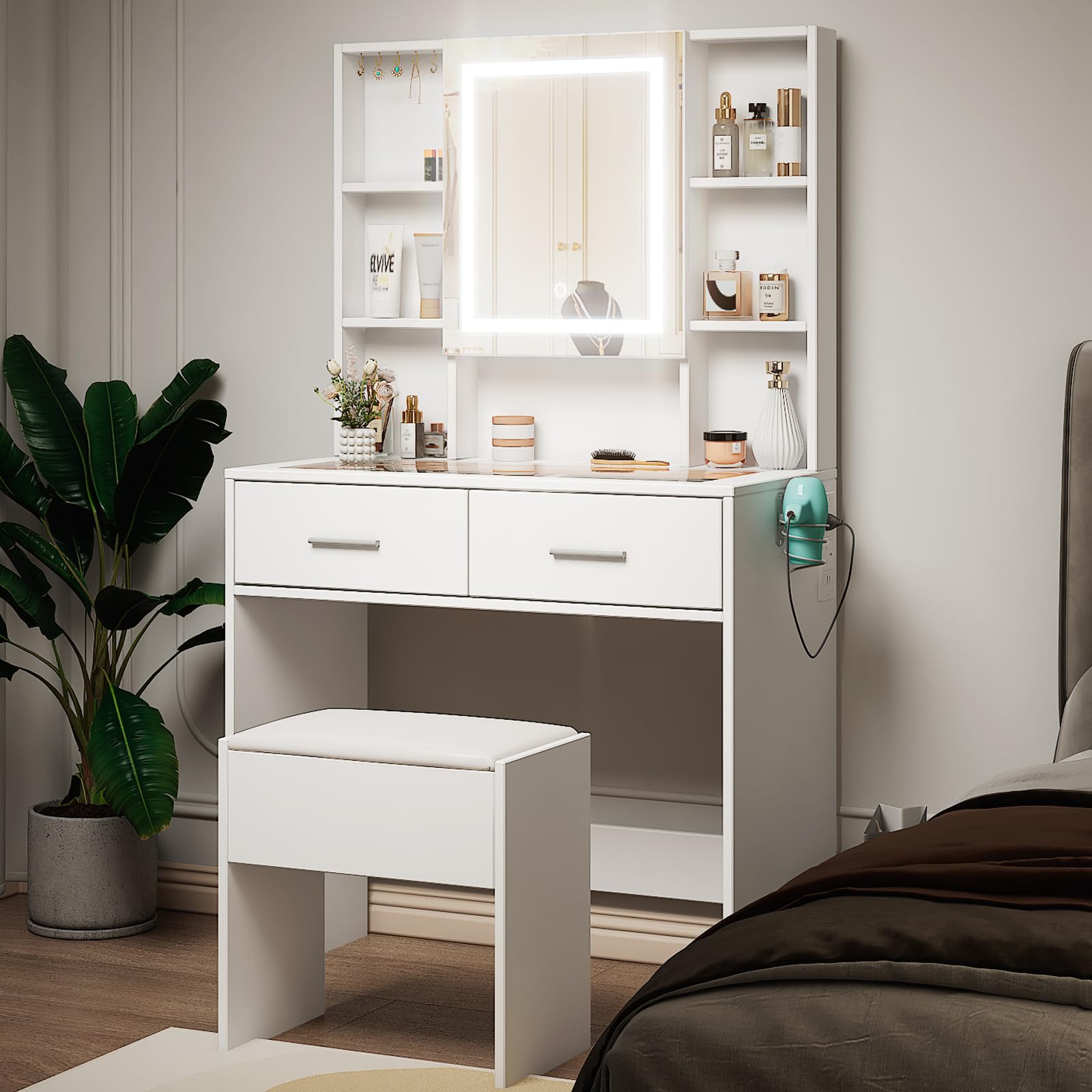 LEADZM Schminktisch mit Beleuchtung, Spiegel & Hocker (Weiß, 80x40x140 cm) | 3-Farben Licht, Glastisch mit Steckdose/Haartrocknerhalterung, 2 Schubladen & 6 Ablagen, Modernes Design