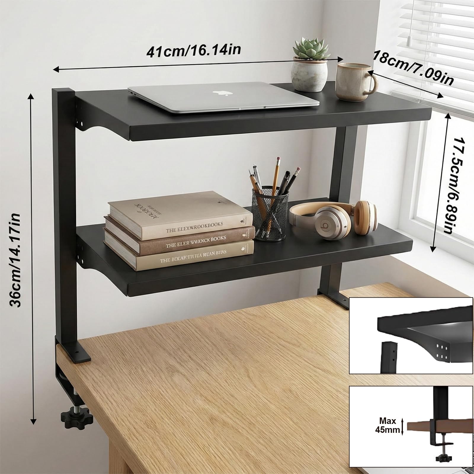 Estante de Escritorio con Abrazadera de 2 Niveles, Estante con Abrazadera para Colocar Encima O Debajo del Escritorio, para Accesorios de Mesa, 41 x 18 x 36 cm, Negro