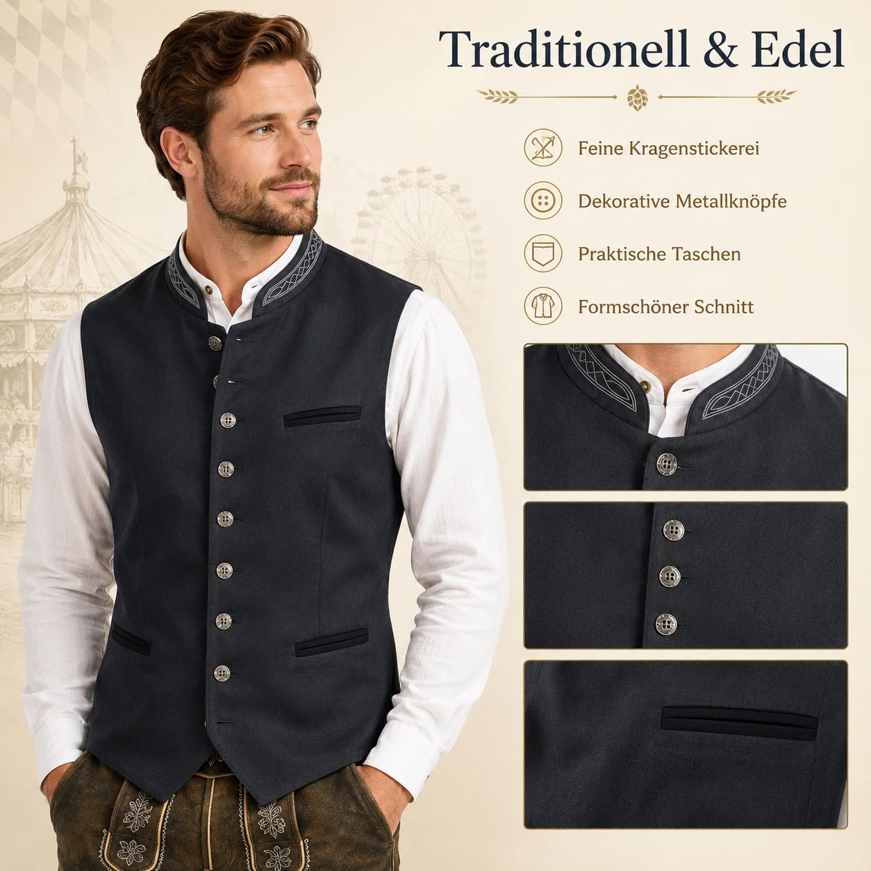 Generisch Trachtenweste Herren - Oktoberfest Ärmellos Trachten Weste Trachtenmode Gilet Große Größen Trachtengilet Elegant Anzugweste Edel Festanzug für Hochzeit Musik Anlass