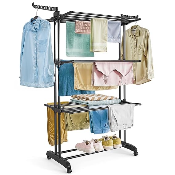 ABOUT SPACE 3 Tier Foldable Cloth Drying Stand - Heavy Duty Anti-Rust Steel Clothes Stand for Drying with Wheels - Laundry Racks|Cloth Stand for Drying Indoor-Balcony Clothes Dryer Black