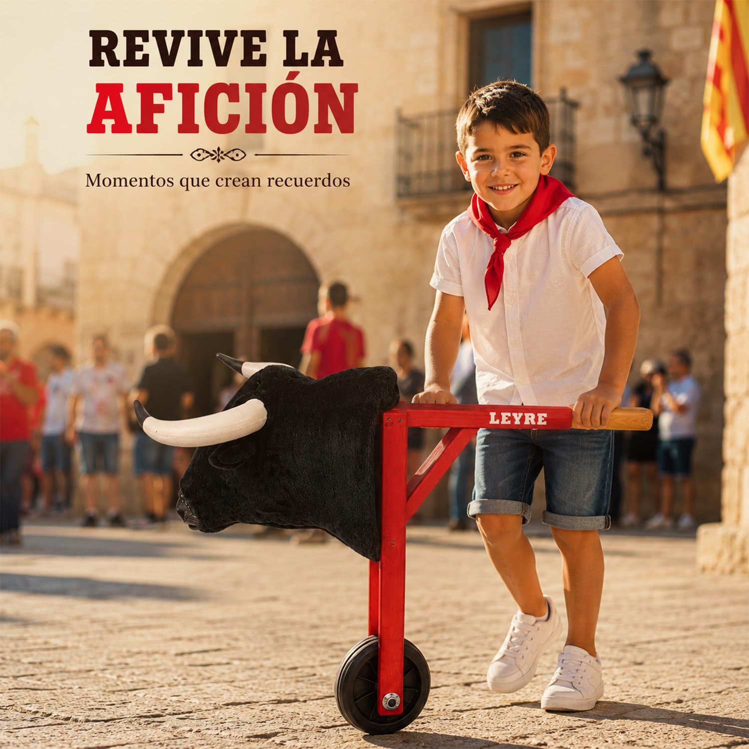 Carretón de madera mediano para niños 75 cm, toro con ruedas personalizable con nombre, cabeza de fibra y cuernos de plástico, juguete taurino infantil para encierros y bous al carrer desde 5 años