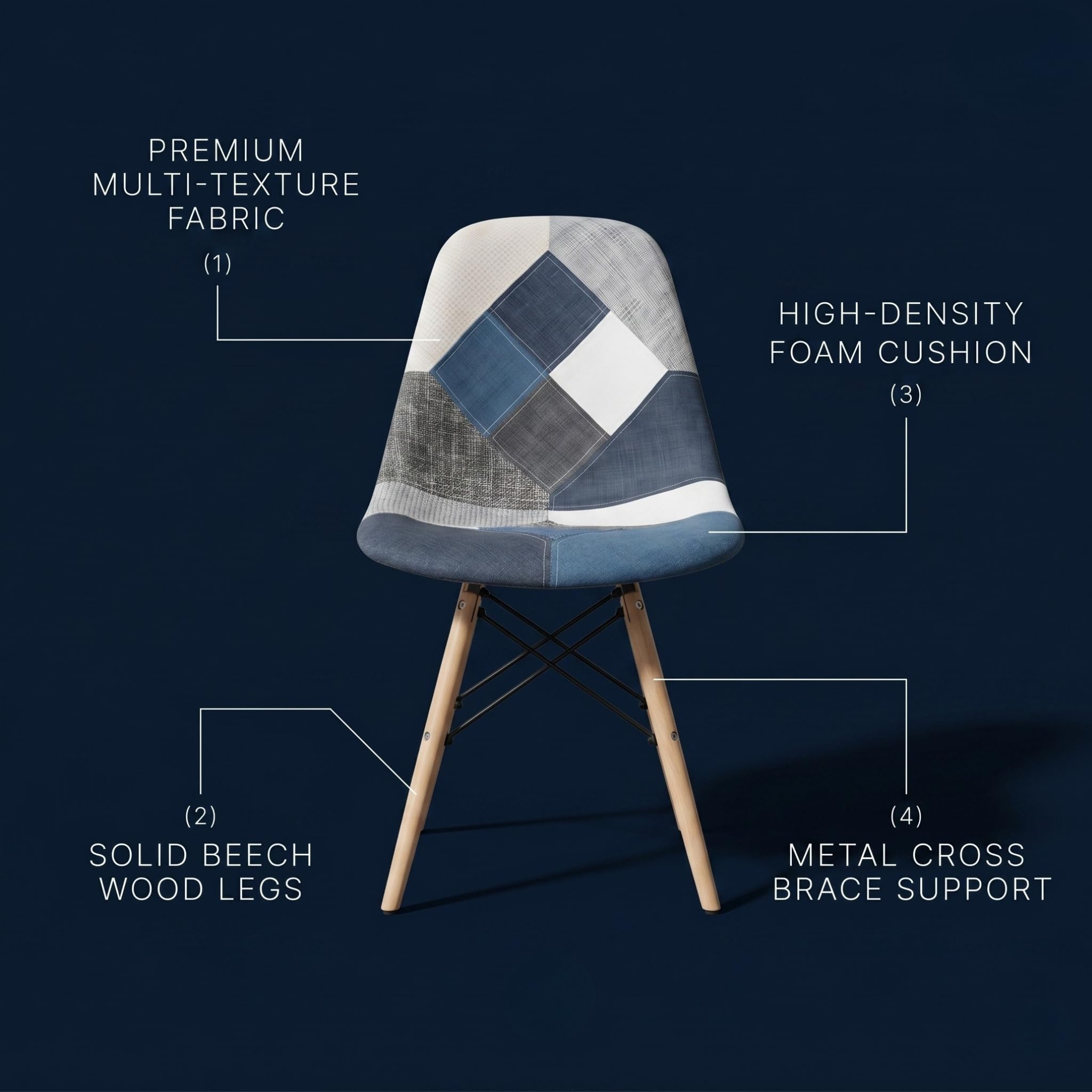Urbancart Modern Patchwork Dining Chairs | Heavy-Duty Build | Stylish & Comfortable Upholstered Seating for Home, Café, Restaurant & Hotel | Blue 1