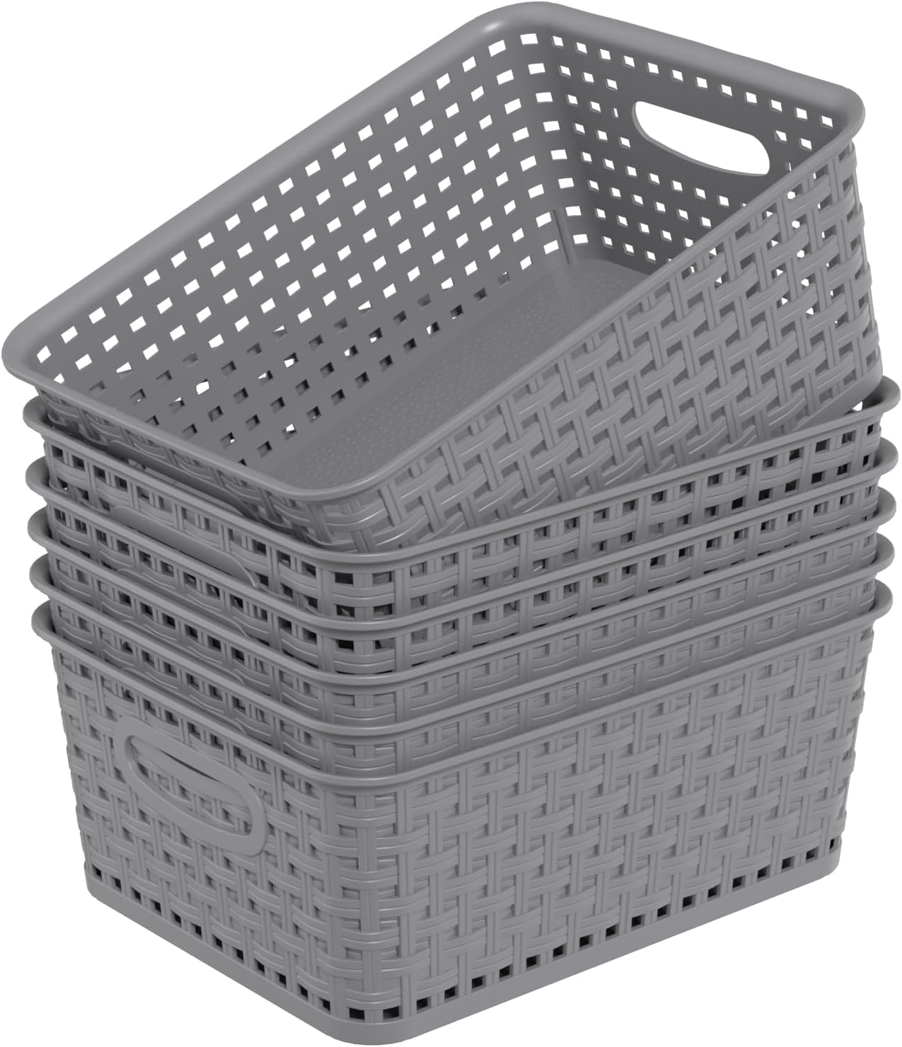 Readsky 6 Pack Small Woven Plastic Storage Baskets, Gray | Plastic Baskets for Shelves, Organizer Bins for Pantry, Cabinet, Closet, Countertop