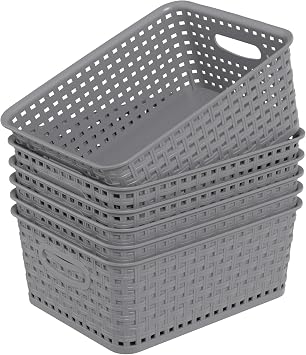 Readsky 6 Pack Small Woven Plastic Storage Baskets, Plastic Baskets for Shelves, Organizer Bins for Pantry, Cabinet, Closet, Countertop, Gray