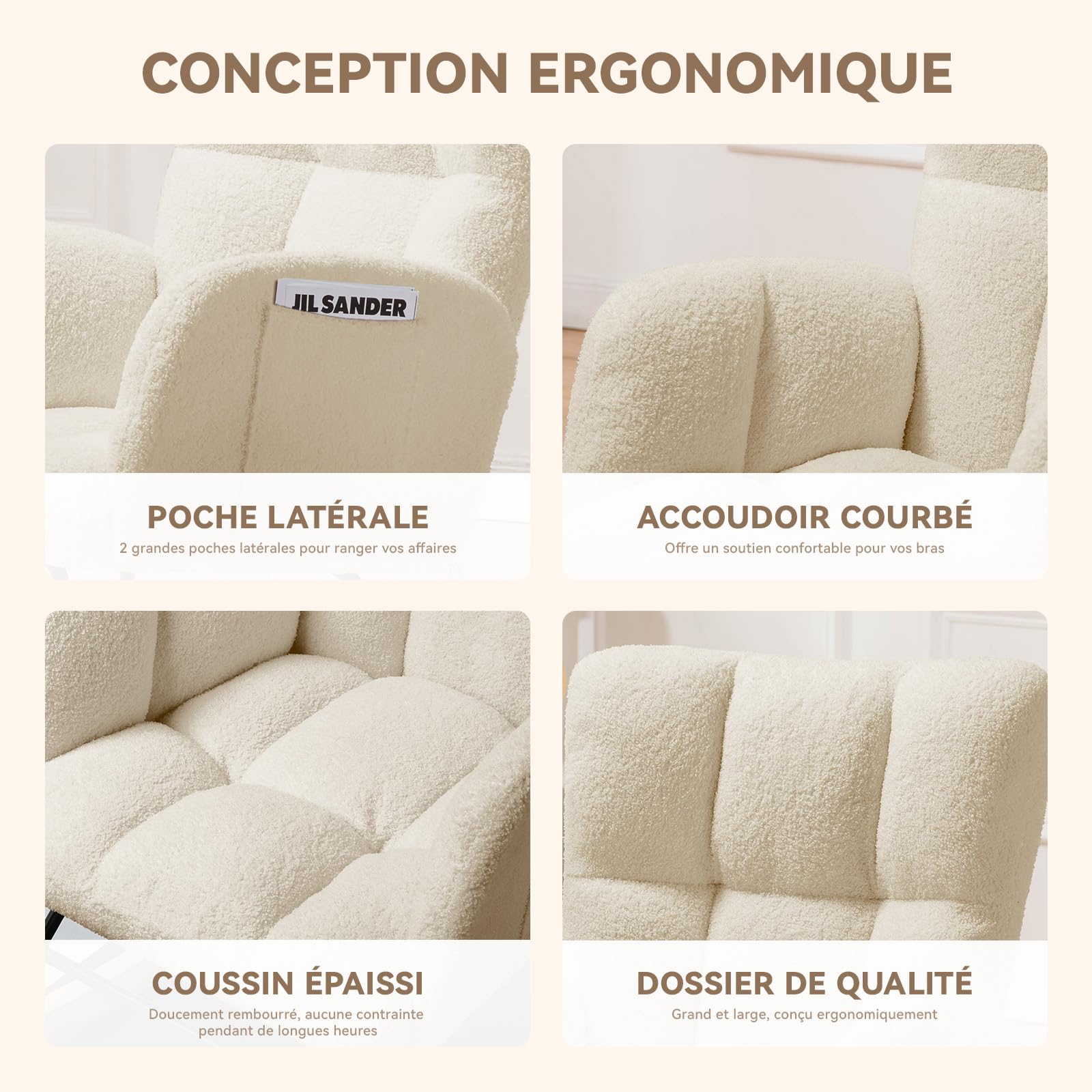 COMHOMA Fauteuil à Bascule, Fauteuil de Relaxation, avec accoudoirs, en Peluche Peluche, Charge maximale : 150 kg, Chaise Longue de Jardin pour Chambre, Beige avec Repose-Pieds