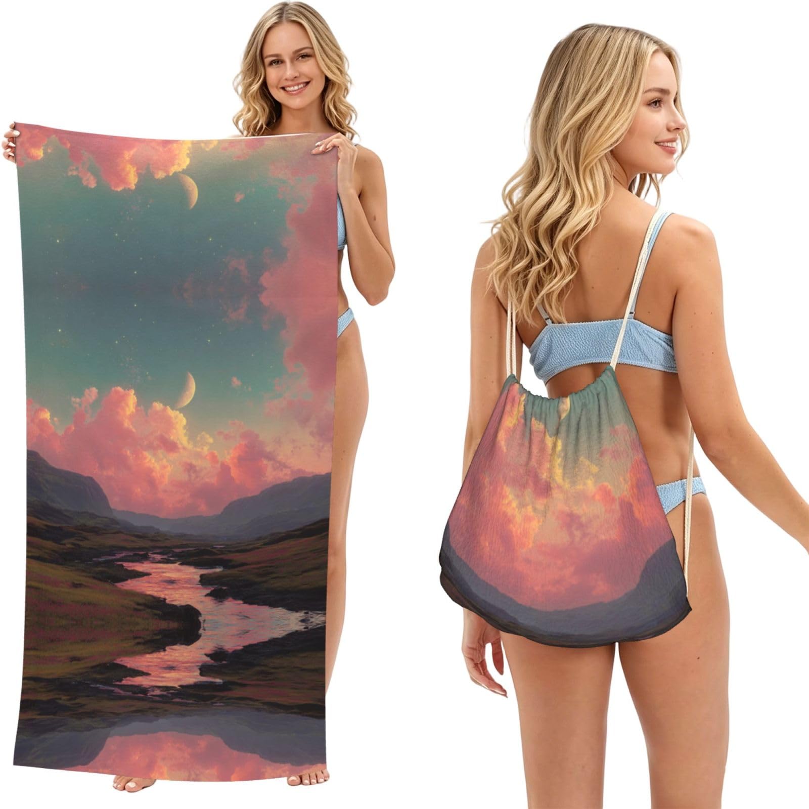 ESNAIUVCD River And The Great Sky Print Beach Towel For Adults,Towel With Drawstring Bag, Travel Pool Swimming Sports Shower Sand Free Quick Dry Bath Towel For Pool, Beach, Yoga- 180x60cm