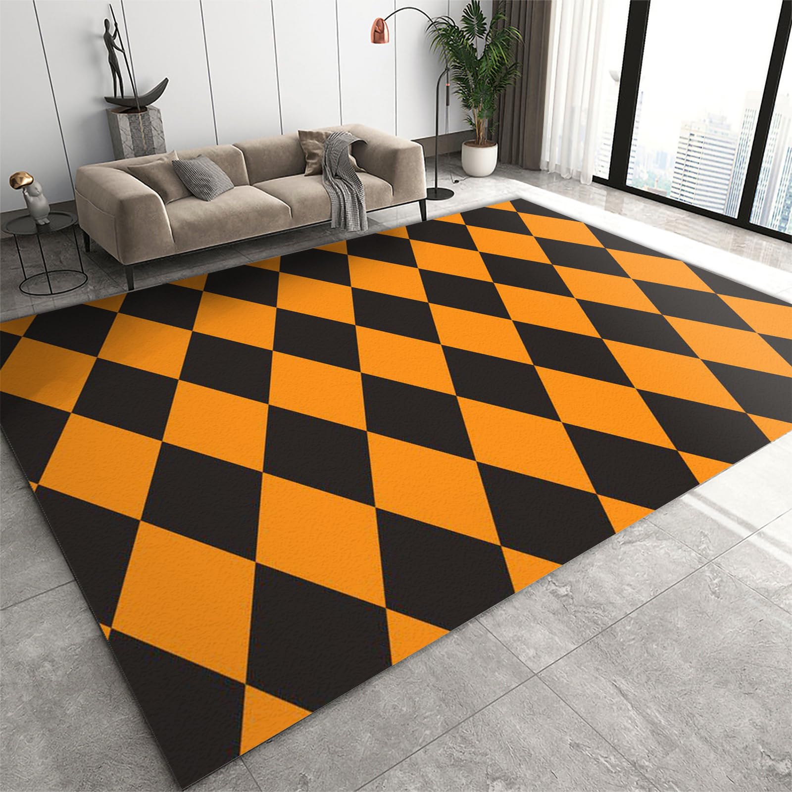 FIEMAR Area Rug 120 x 180 cm Black Orange Geometric Check Non-slip Rugs, Modern Soft Flannel Entryway Carpet Noise Reduction and Washable, Suitable for Halloween Living Room Bedroom Kids Room Office