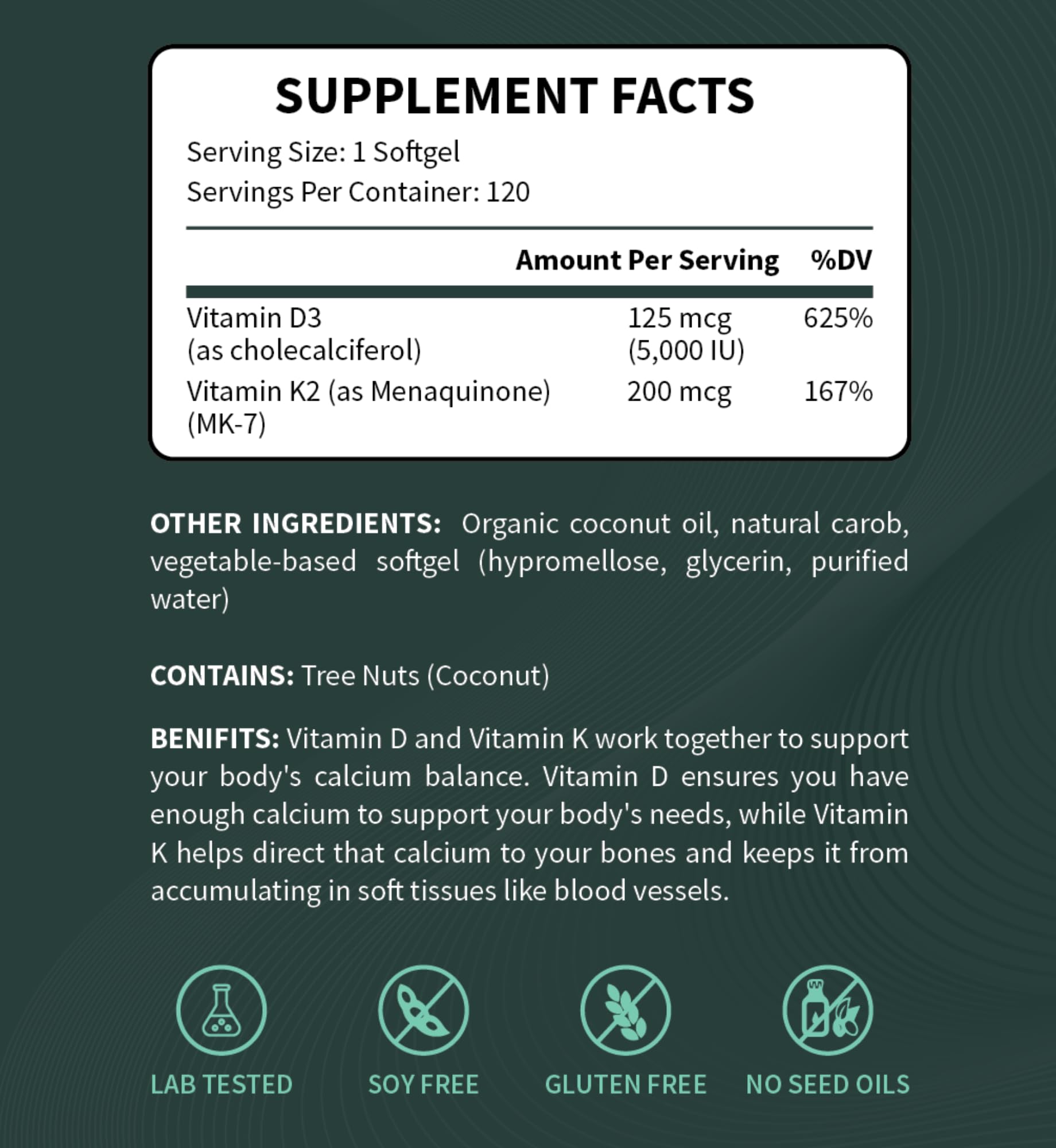 Good Friends Health - Vitamin D3 5000 IU + Vitamin K2 200 mcg - 4 Month Supply - Bone & Immune Support - Organic Coconut Oil - No Seed Oils - Non-GMO - 120 Vegetable Softgels — Amazon image 3