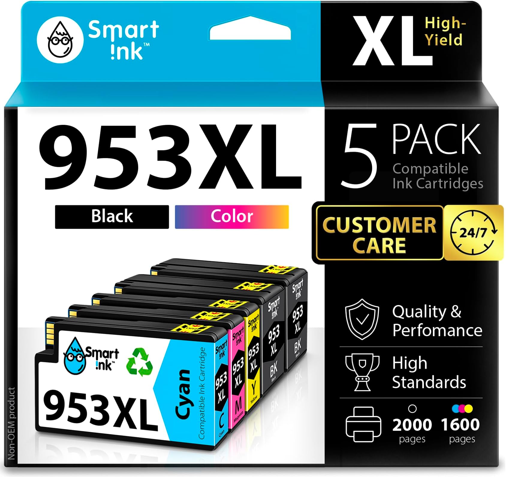 Smart Ink Compatible Ink Cartridges Replacement for HP 953XL 953 XL 5 Multipack (2 Black XL & C/M/Y) with Advanced Chip Technology use with HP Officejet pro 7720 7730 7740 8710 8715 8720 8725 Printer