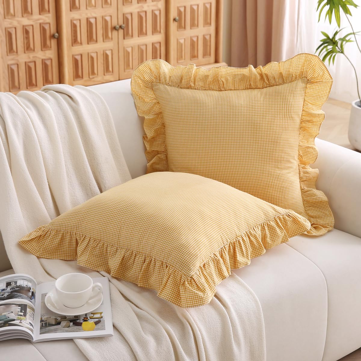 Silnuo Vintage Yellow Plaid Ruffle Throw Pillow Covers 20x20 inches,Washed Cotton Mustard Gingham Checkered Decorative Pillow Shams for Bed,Couch,Sofa